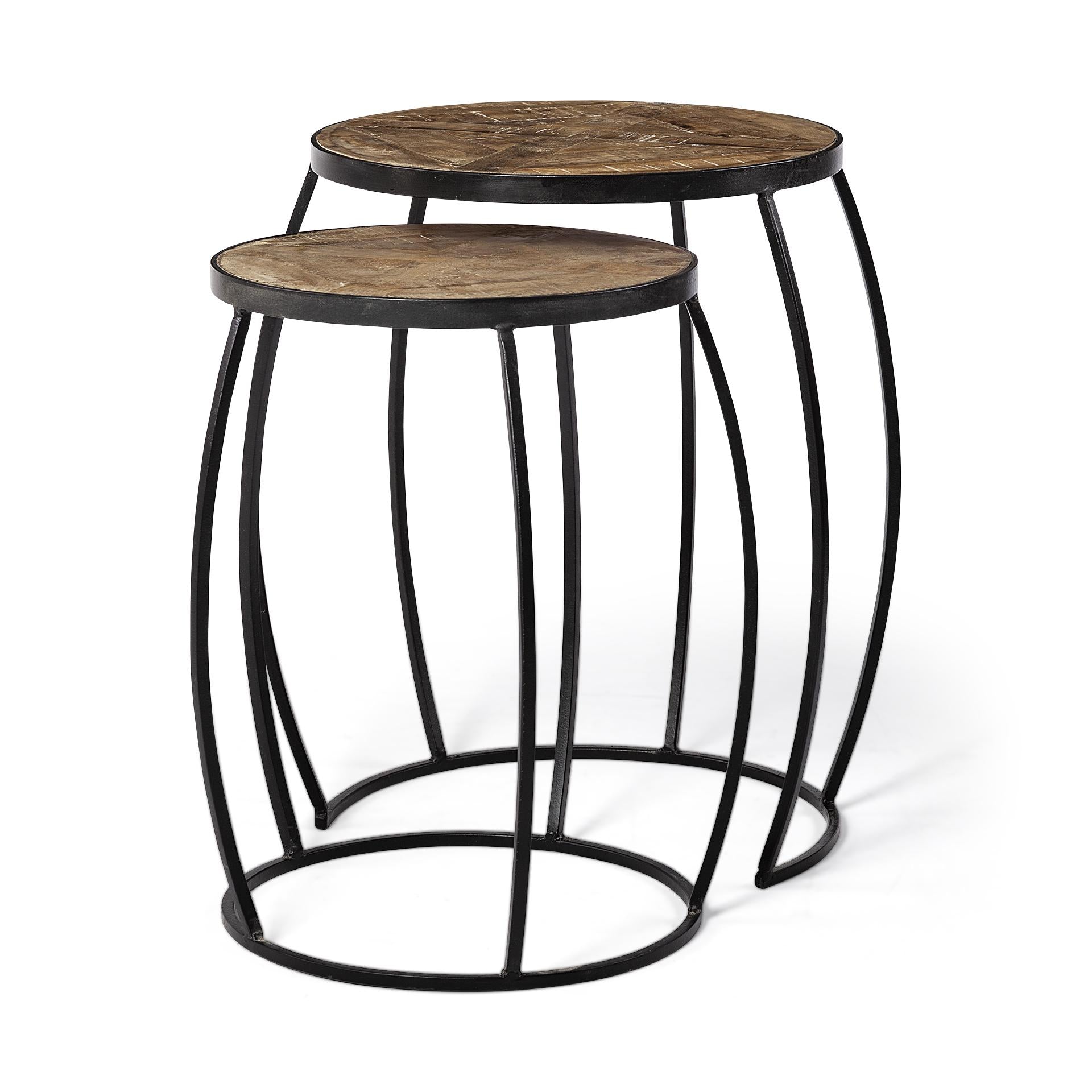 Set of 2 Brown Wooden Round Top Accent Tables with Black Metal Frame Nesting