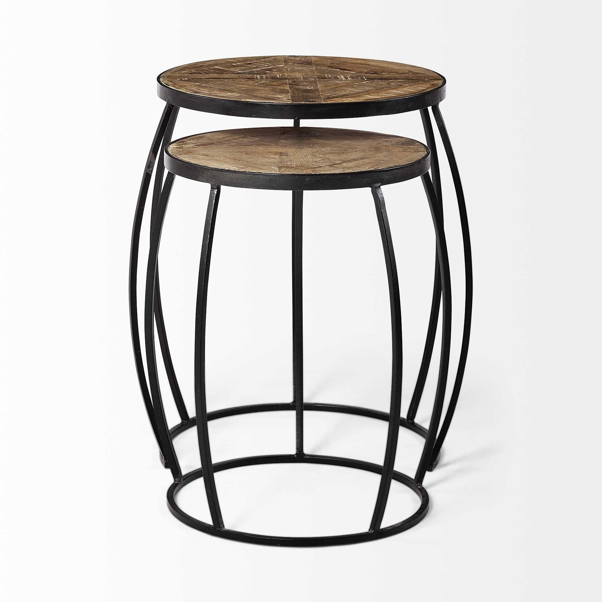 Set of 2 Brown Wooden Round Top Accent Tables with Black Metal Frame Nesting