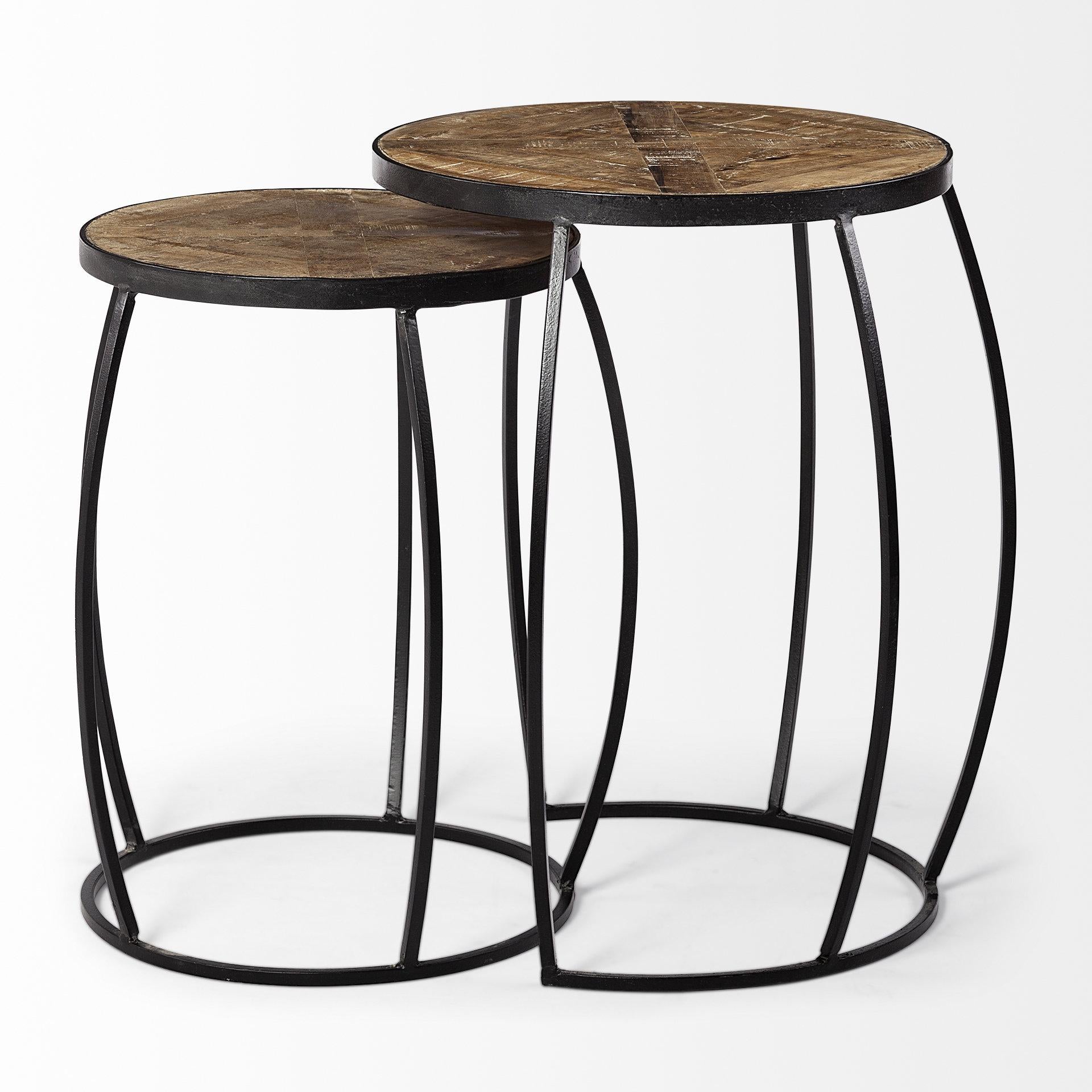 Set of 2 Brown Wooden Round Top Accent Tables with Black Metal Frame Nesting