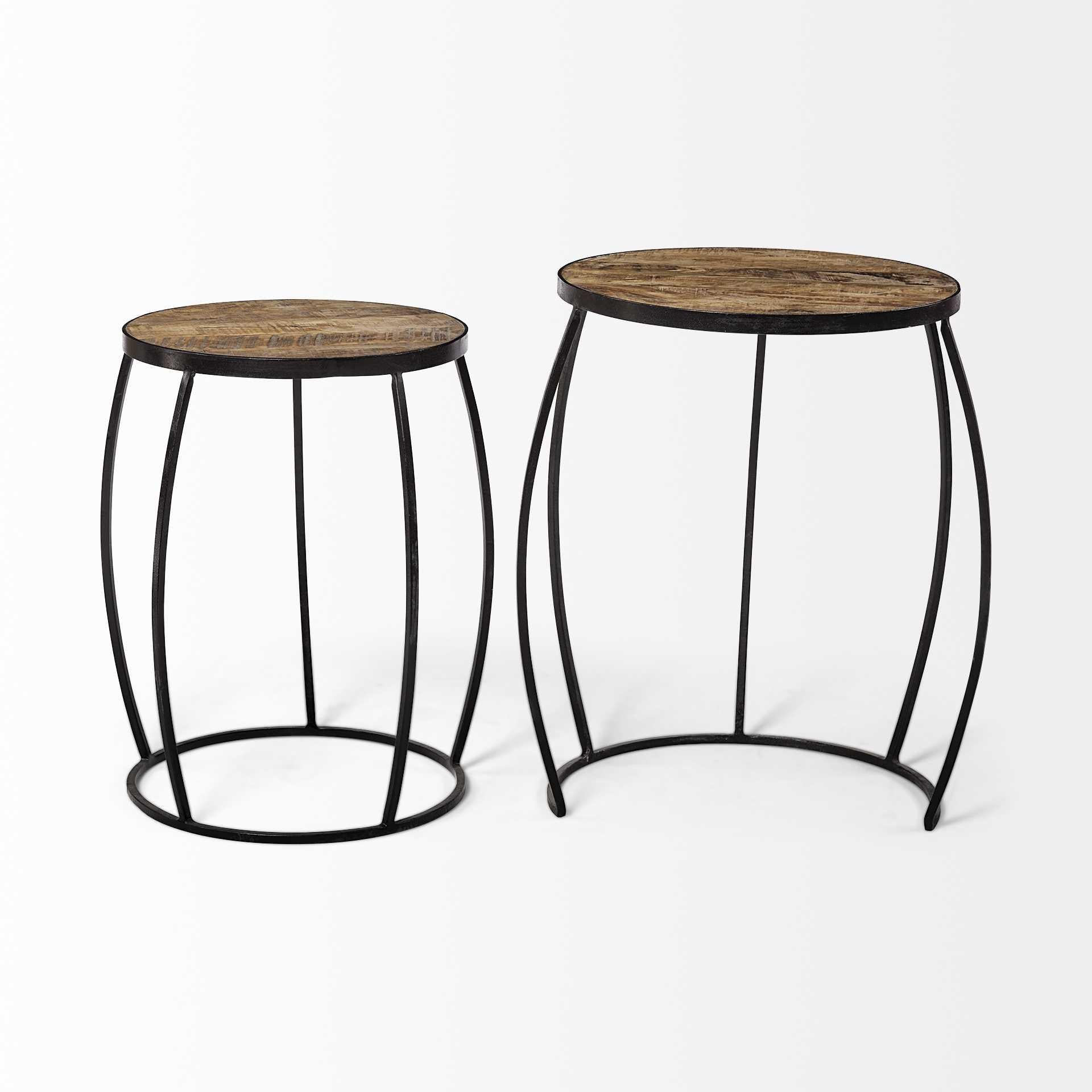 Set of 2 Brown Wooden Round Top Accent Tables with Black Metal Frame Nesting