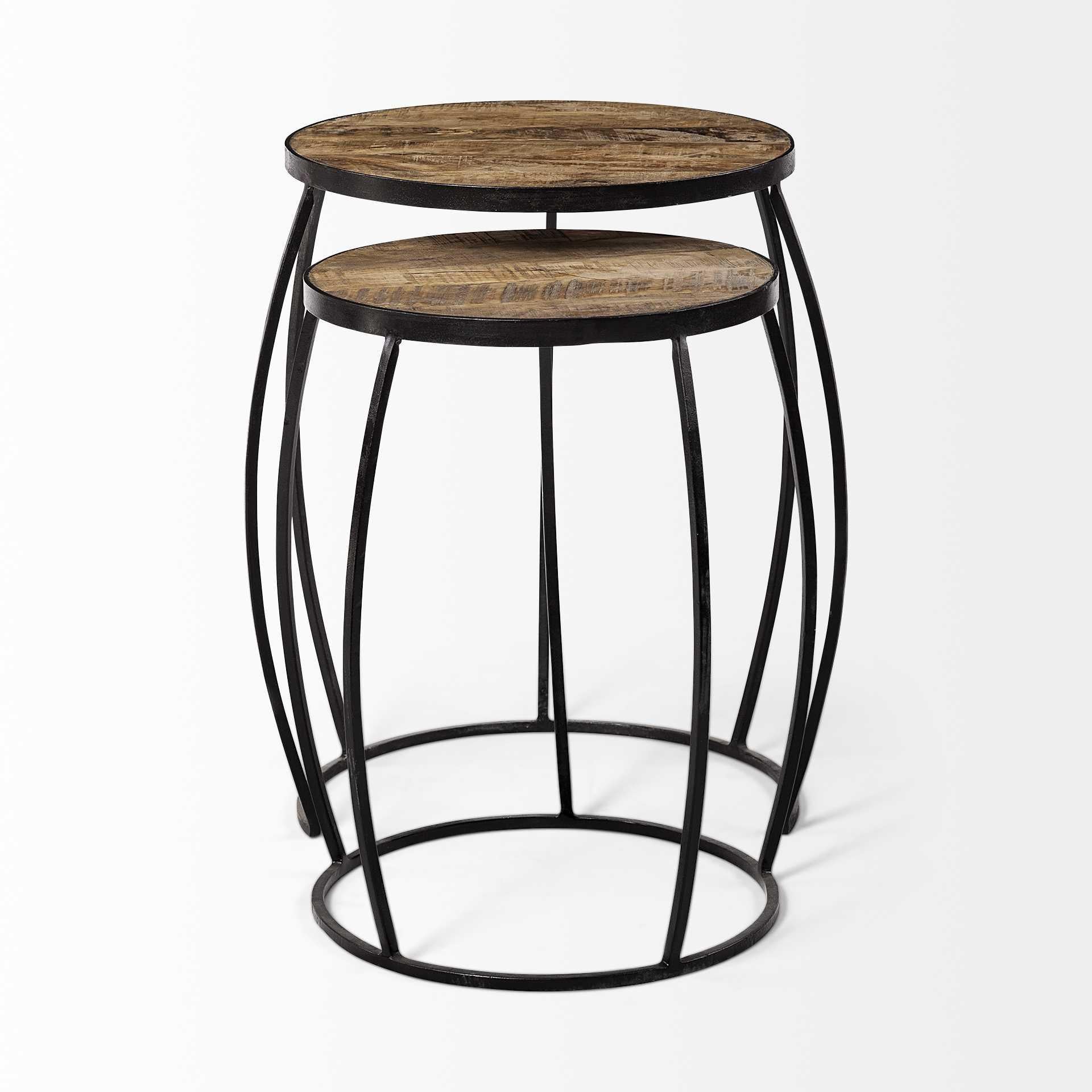 Set of 2 Medium Brown Wooden Round Top Accent Tables with Black Metal Frame Nesting Tables