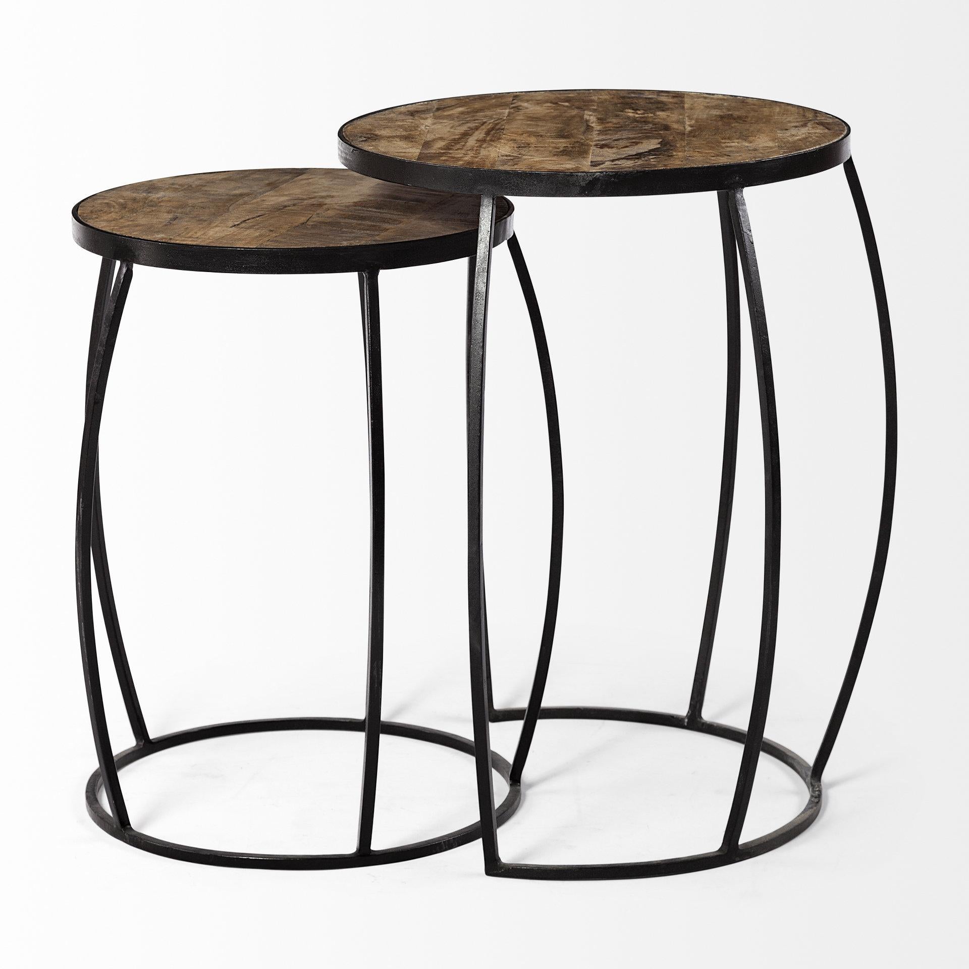 Set of 2 Medium Brown Wooden Round Top Accent Tables with Black Metal Frame Nesting Tables