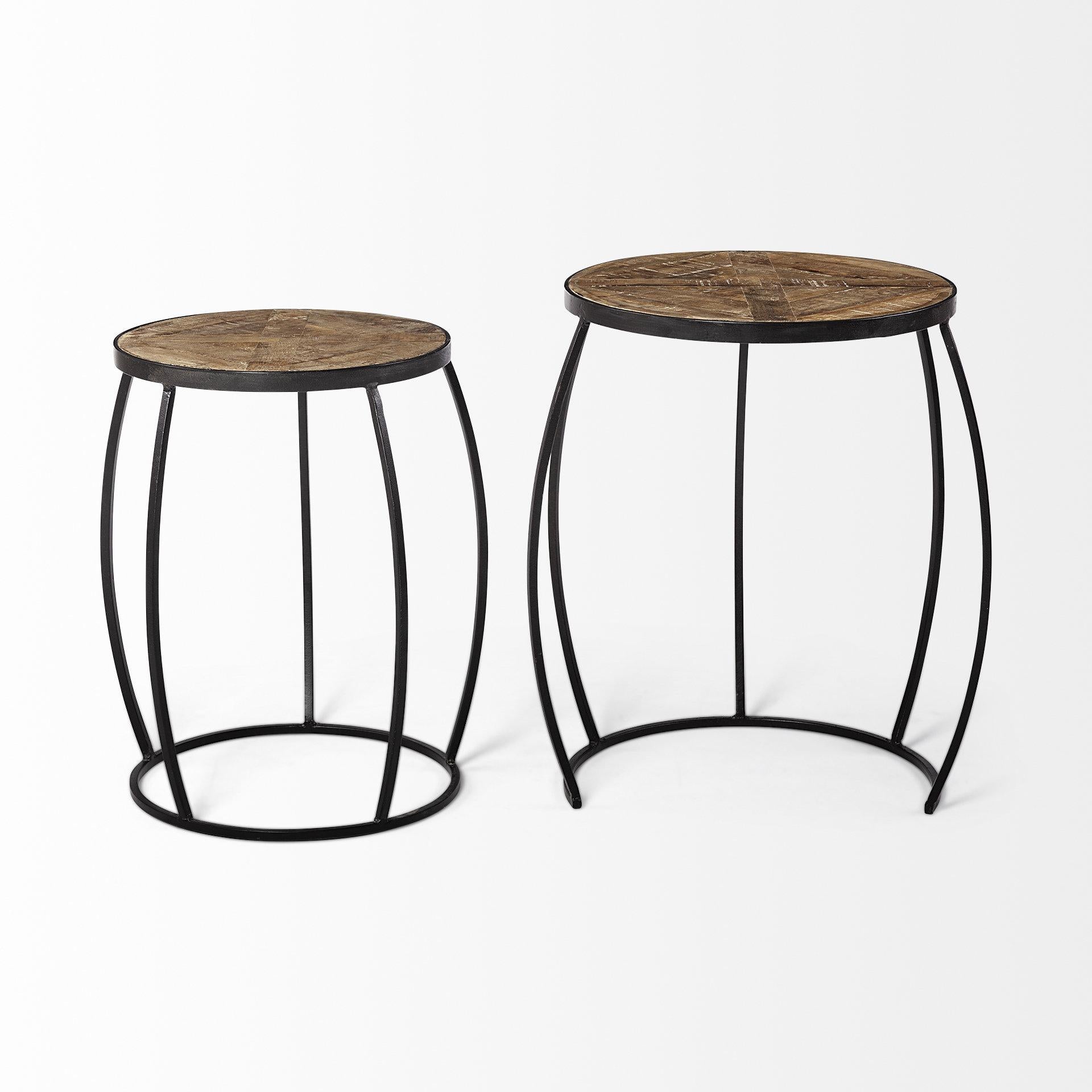 Set of 2 Medium Brown Wooden Round Top Accent Tables with Black Metal Frame Nesting Tables