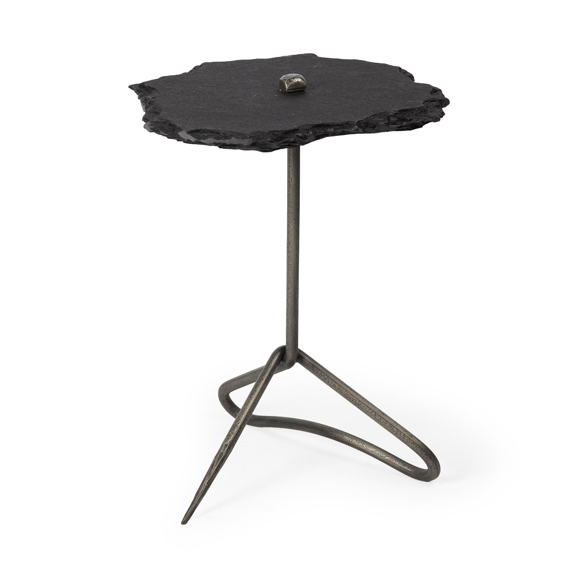 Black Slate-Top Accent Table with Triangular Iron Base