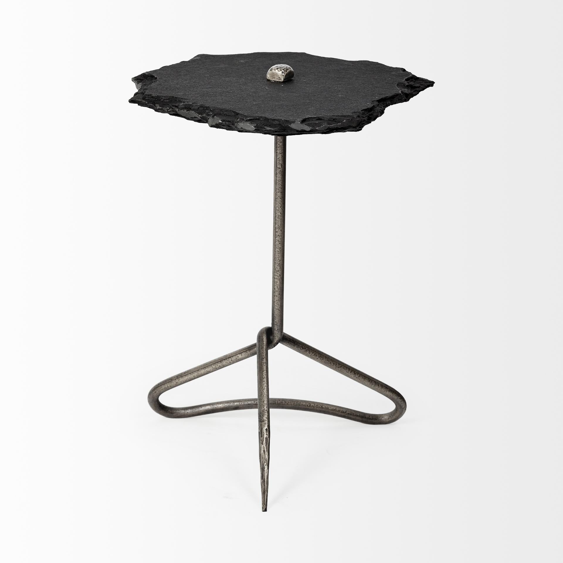 Black Slate-Top Accent Table with Triangular Iron Base