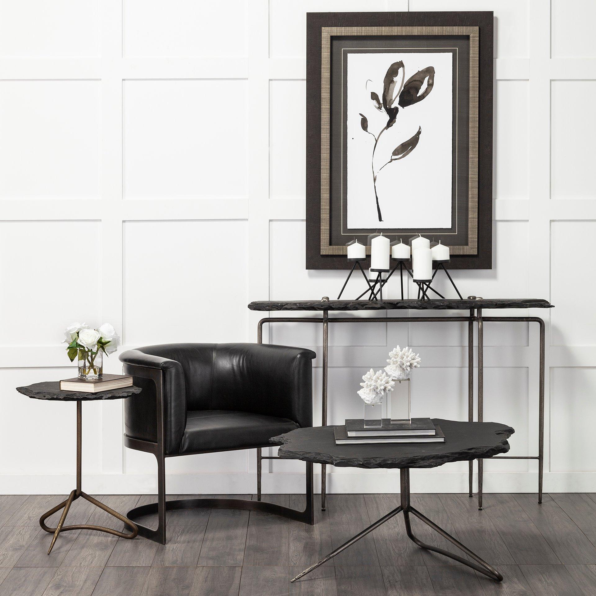 Black Slate-Top Accent Table with Triangular Iron Base