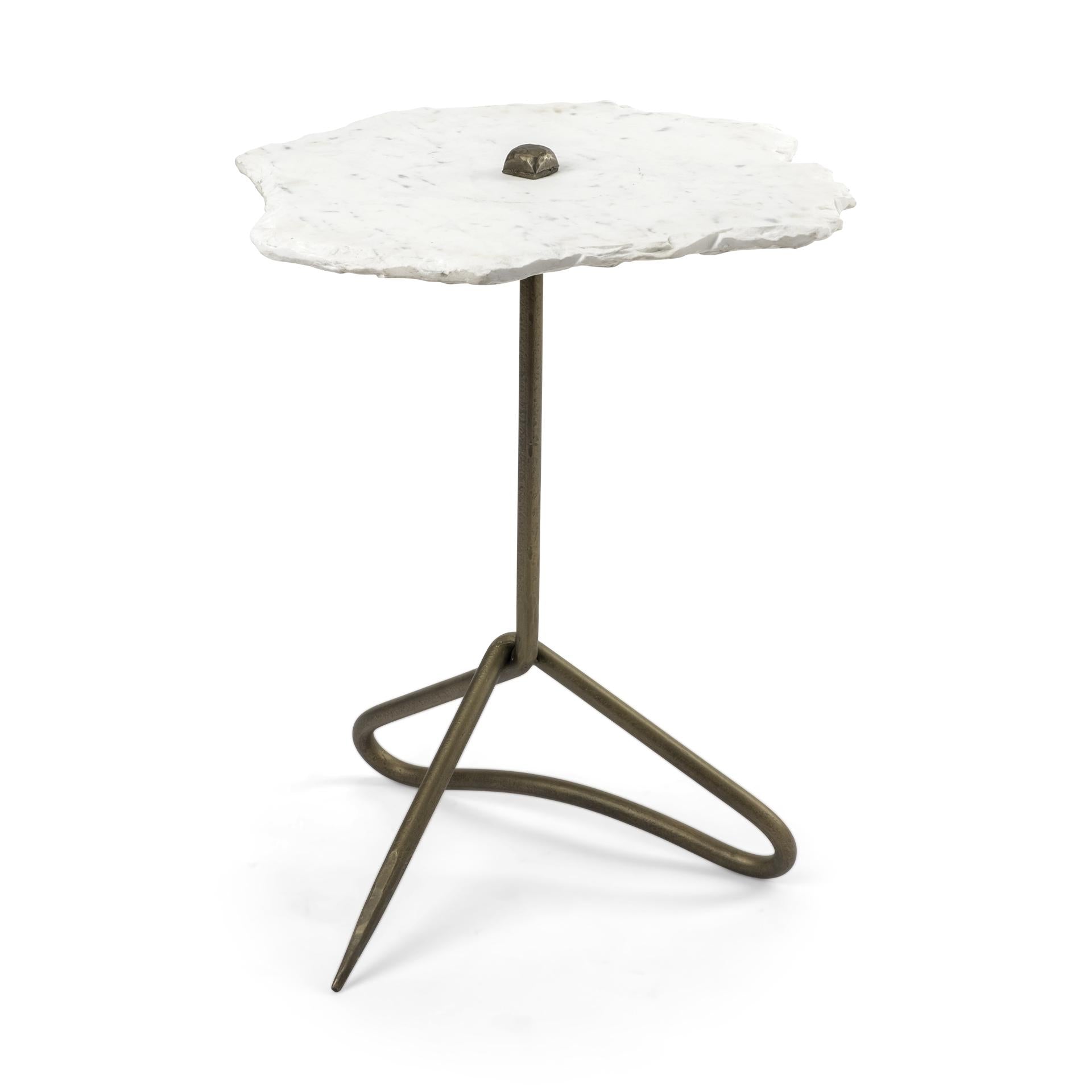 White Marble Top Accent Table with Triangluar Gold Iron Base