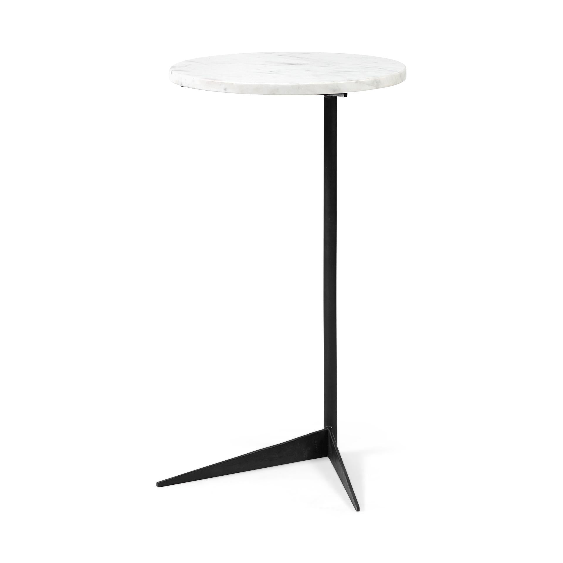 White Marble Round Top Accent Table with Black Iron Base