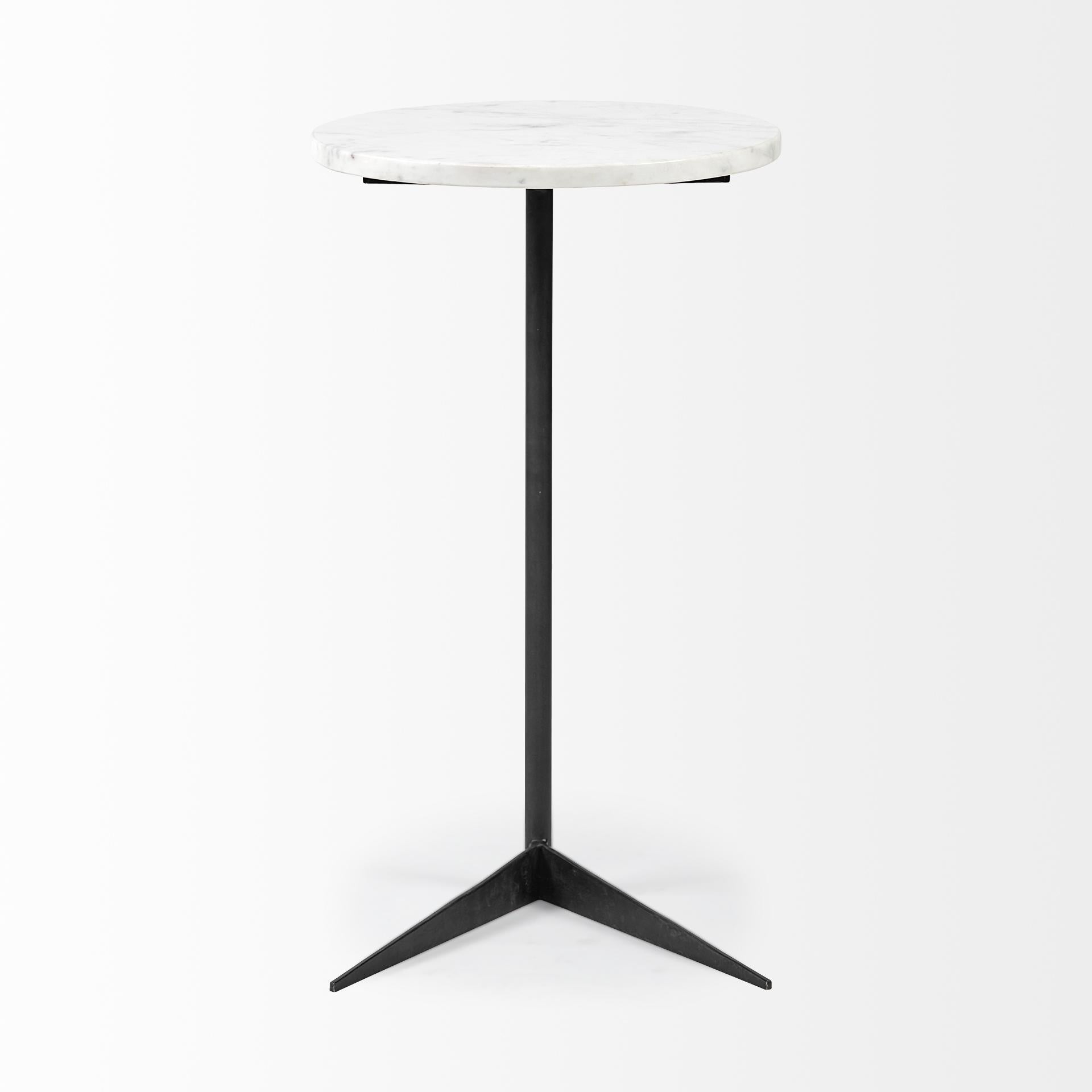 White Marble Round Top Accent Table with Black Iron Base