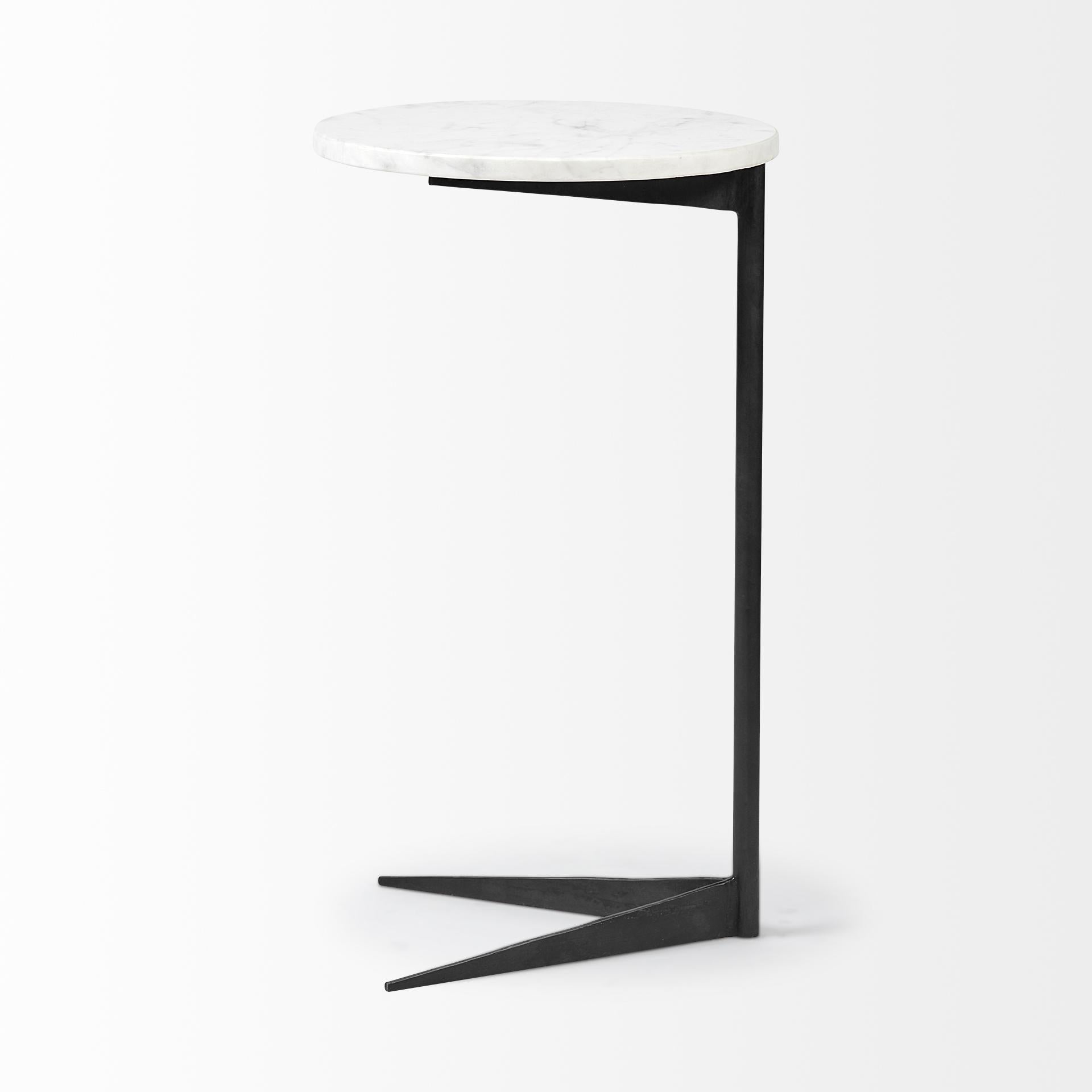 White Marble Round Top Accent Table with Black Iron Base