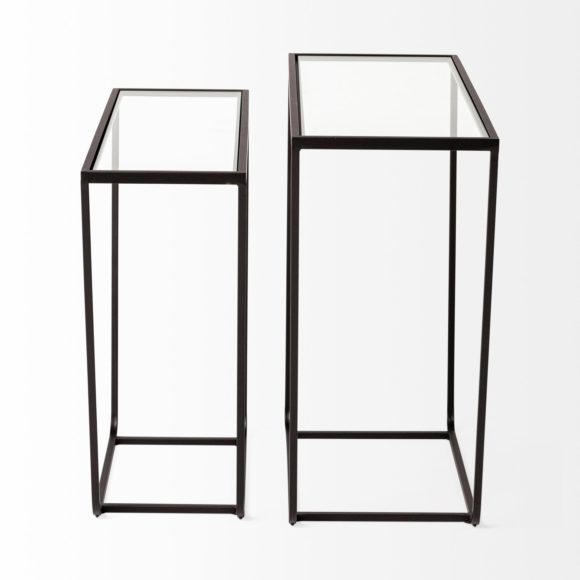 Set of 2 Rectangular Glass Top Accent Table with Black Iron Frame