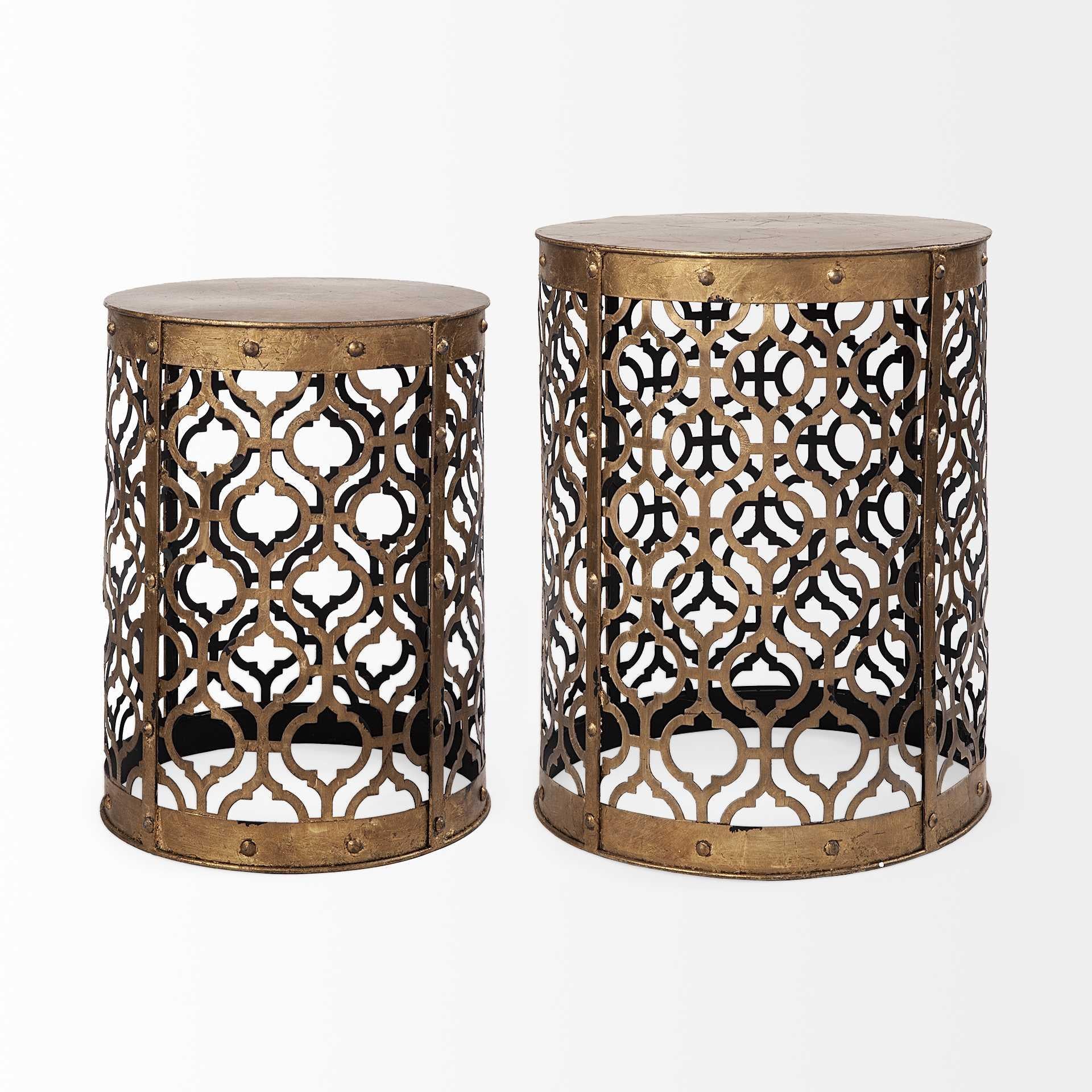 Set of 2 Cylindrical Gold Metal Accent Tables