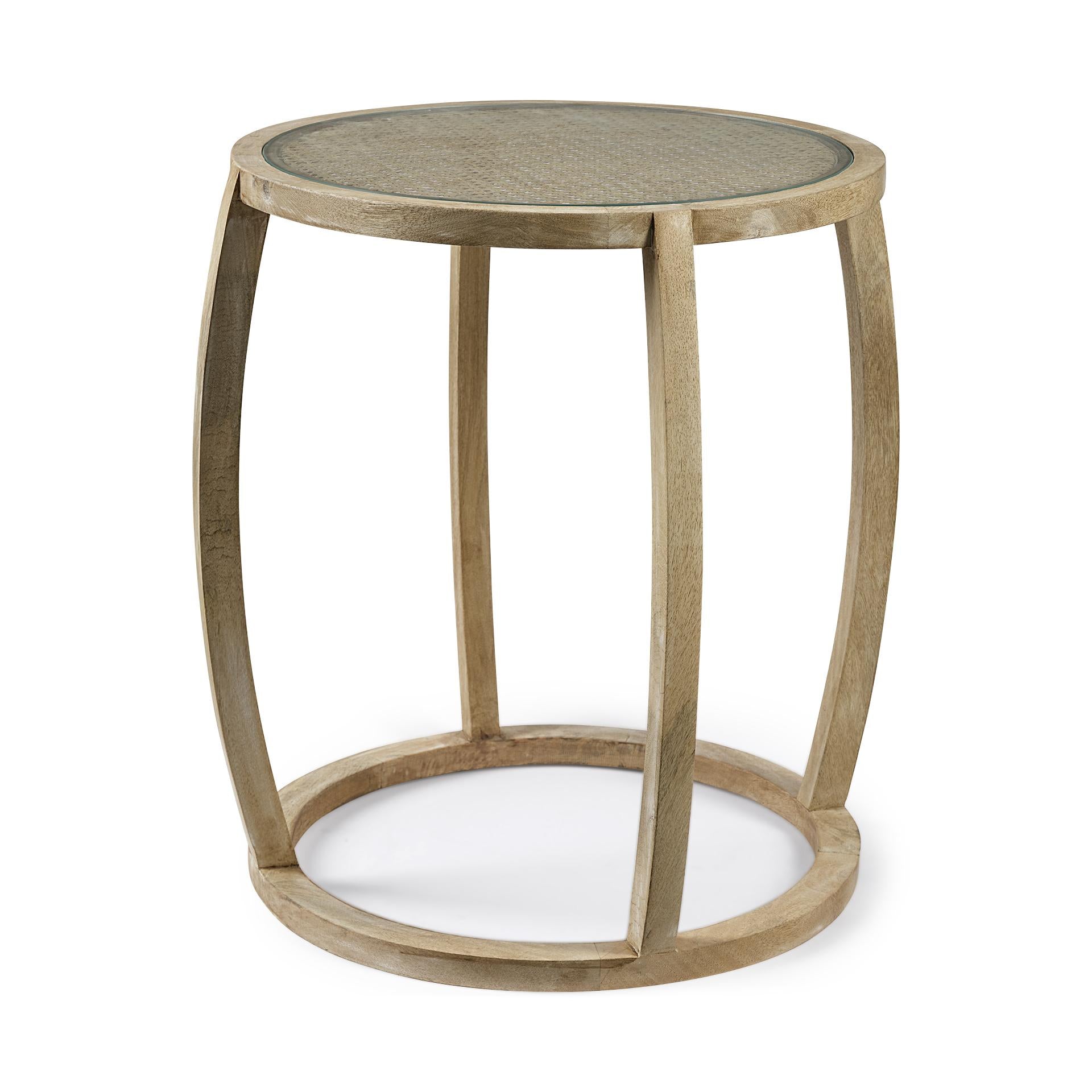 Light Brown Wood Round Top Accent Table with Glass