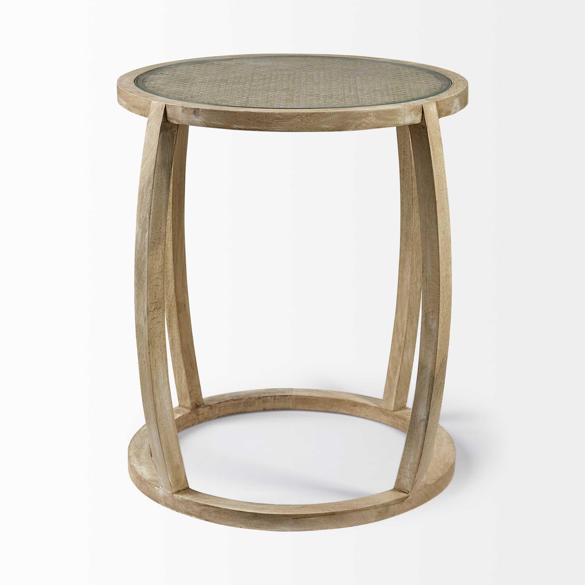 Light Brown Wood Round Top Accent Table with Glass