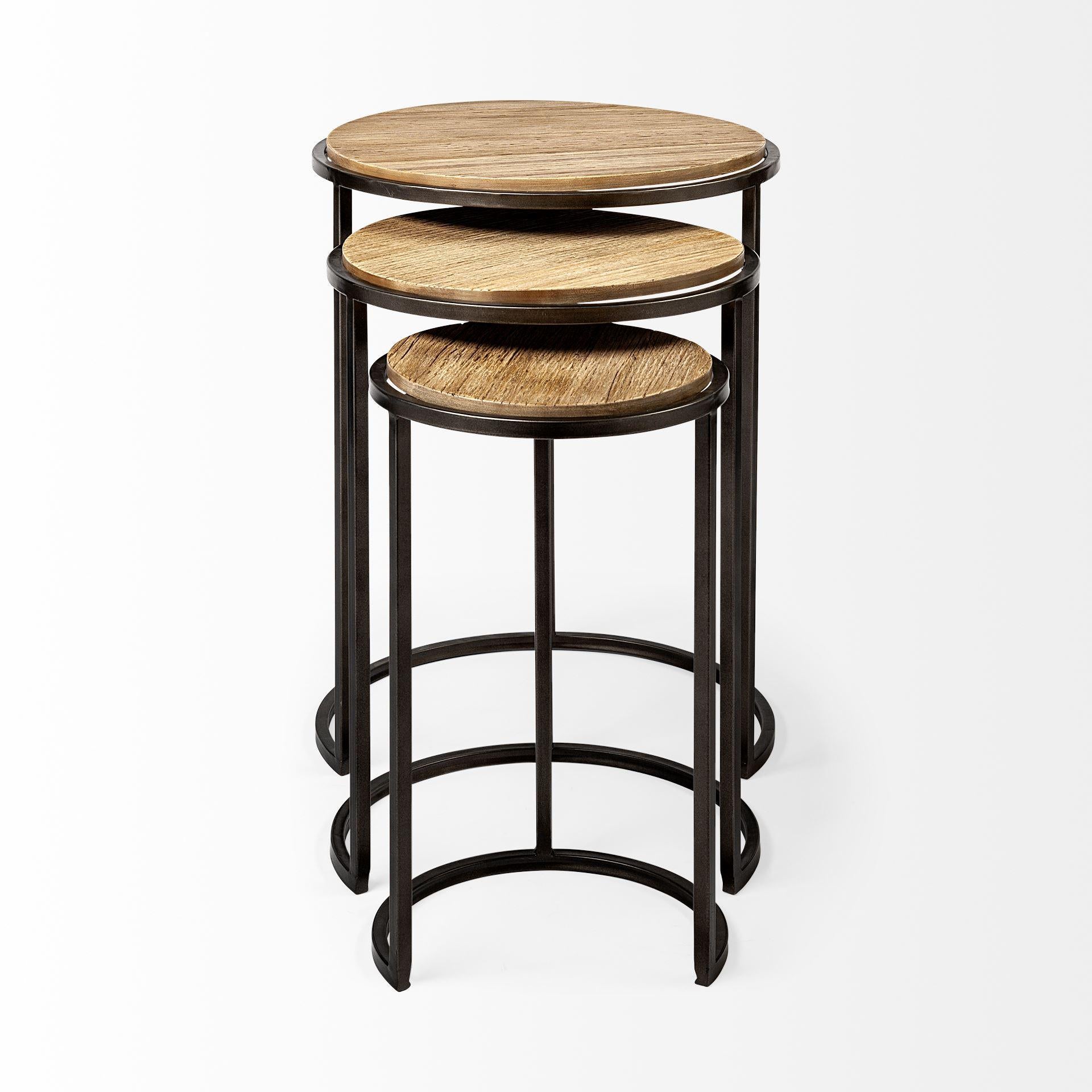 Set of 3 Brown Wood Round Top Accent Tables with Iron Nesting