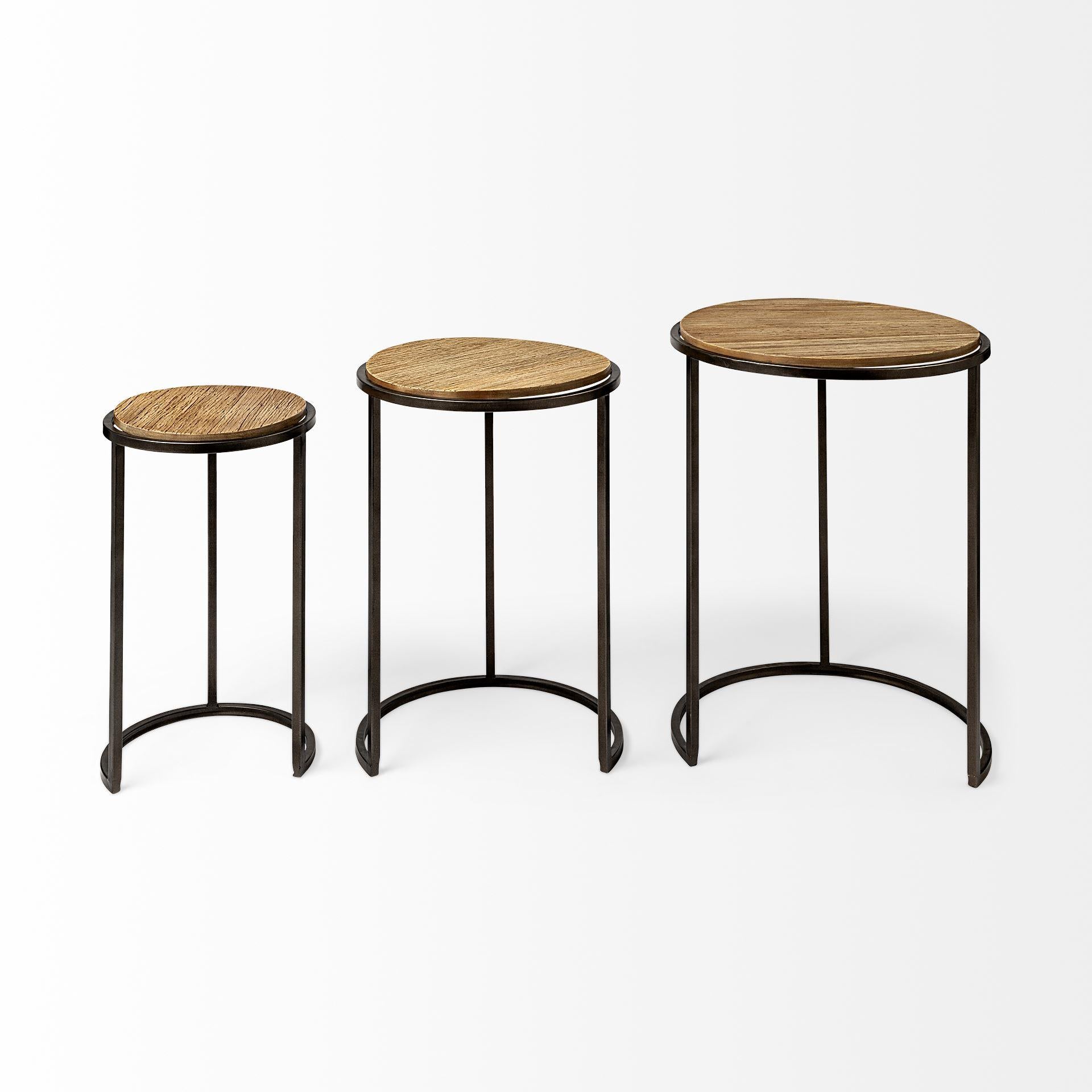 Set of 3 Brown Wood Round Top Accent Tables with Iron Nesting