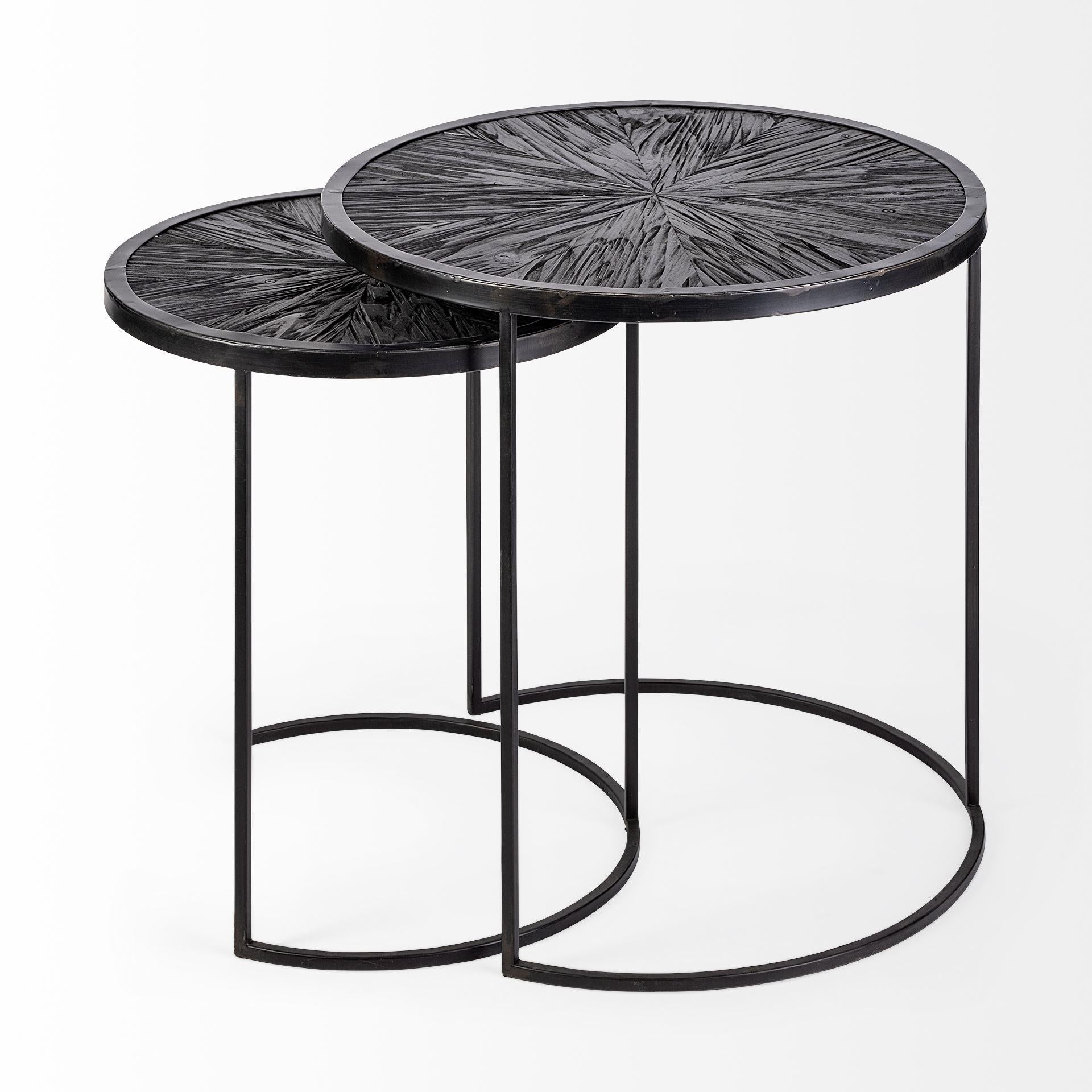 Set of 2 Dark Wood Round Top Accent Tables with Black Iron Frame