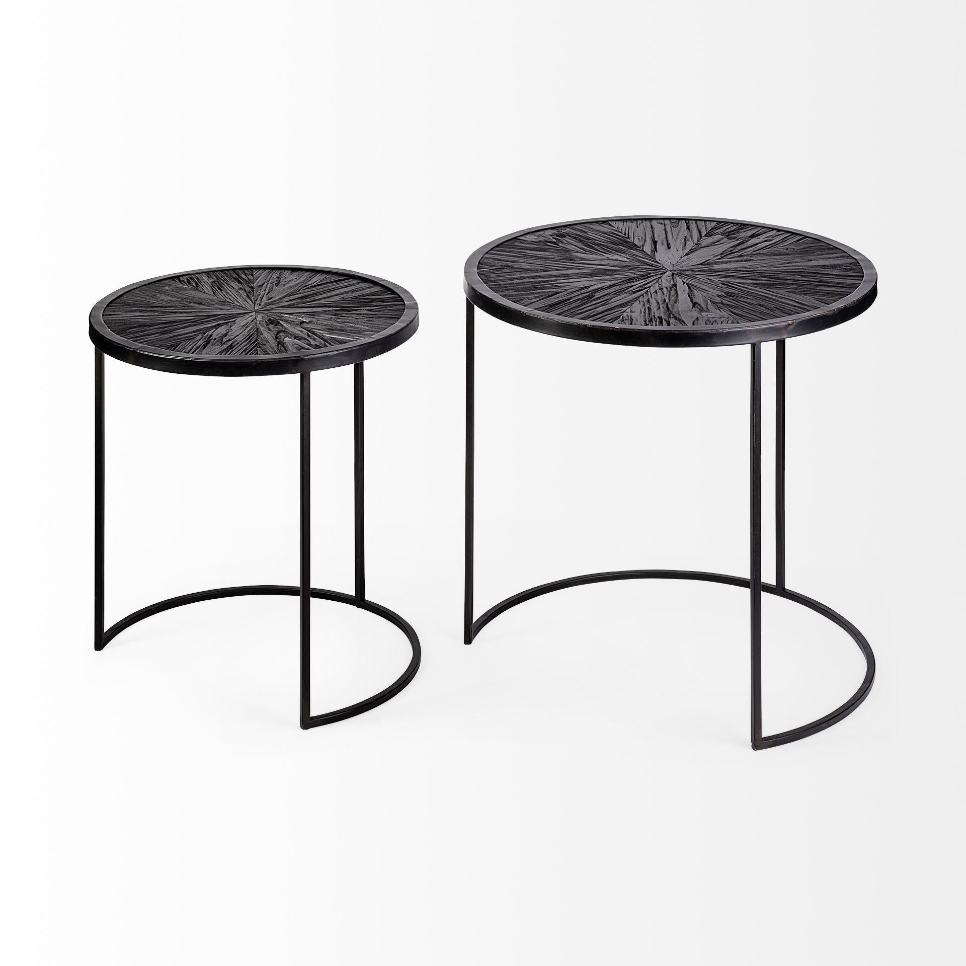 Set of 2 Dark Wood Round Top Accent Tables with Black Iron Frame