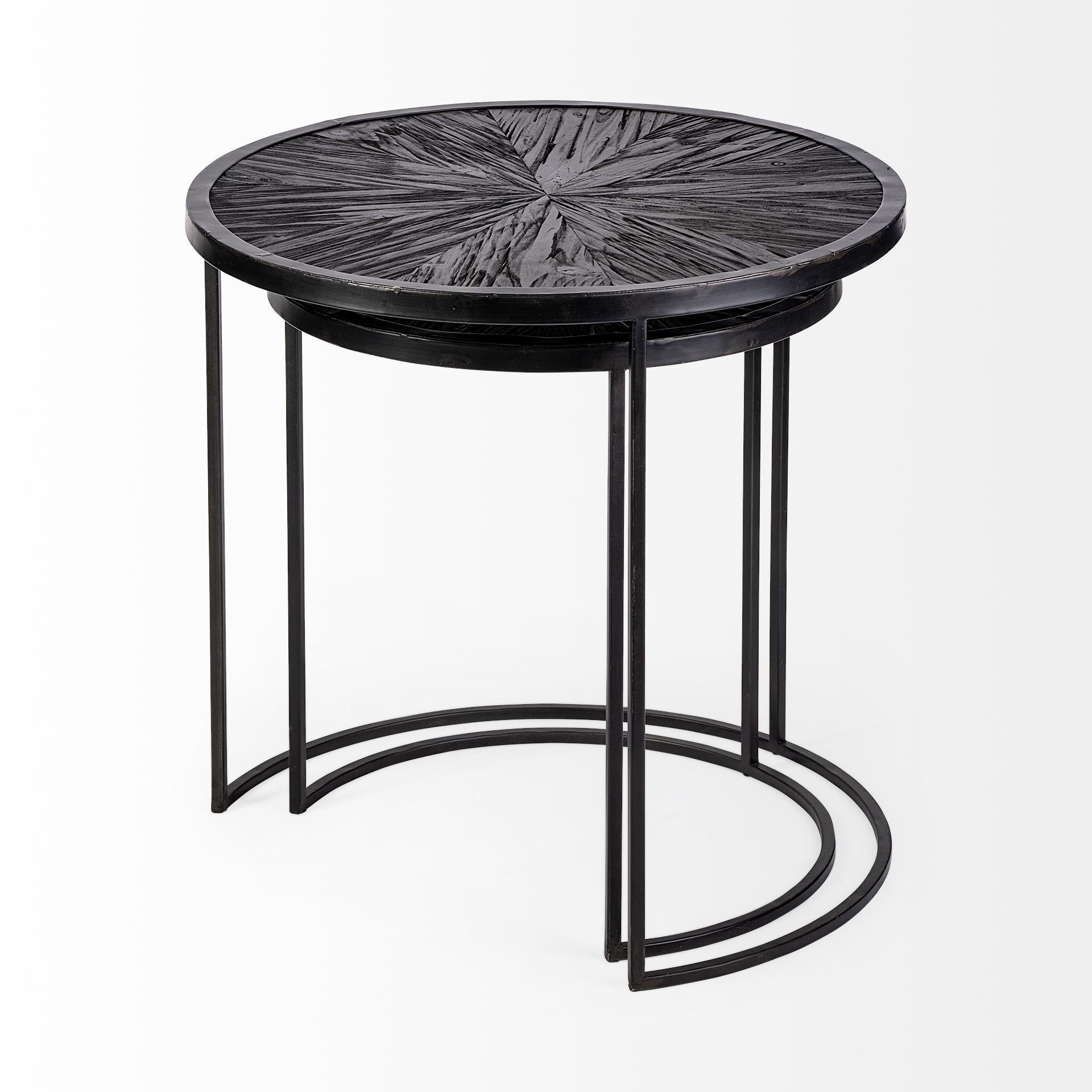 Set of 2 Dark Wood Round Top Accent Tables with Black Iron Frame