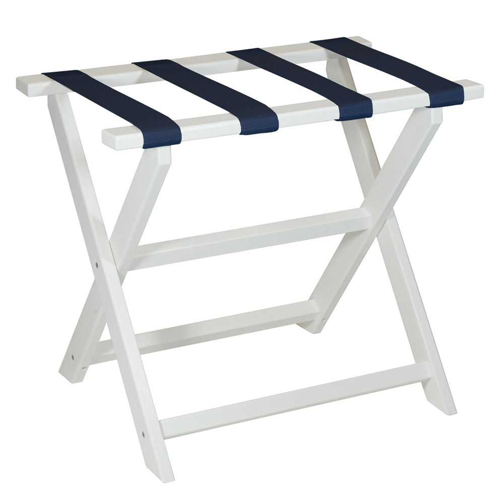 Earth Friendly White Folding Luggage Rack with Navy Straps Default Title