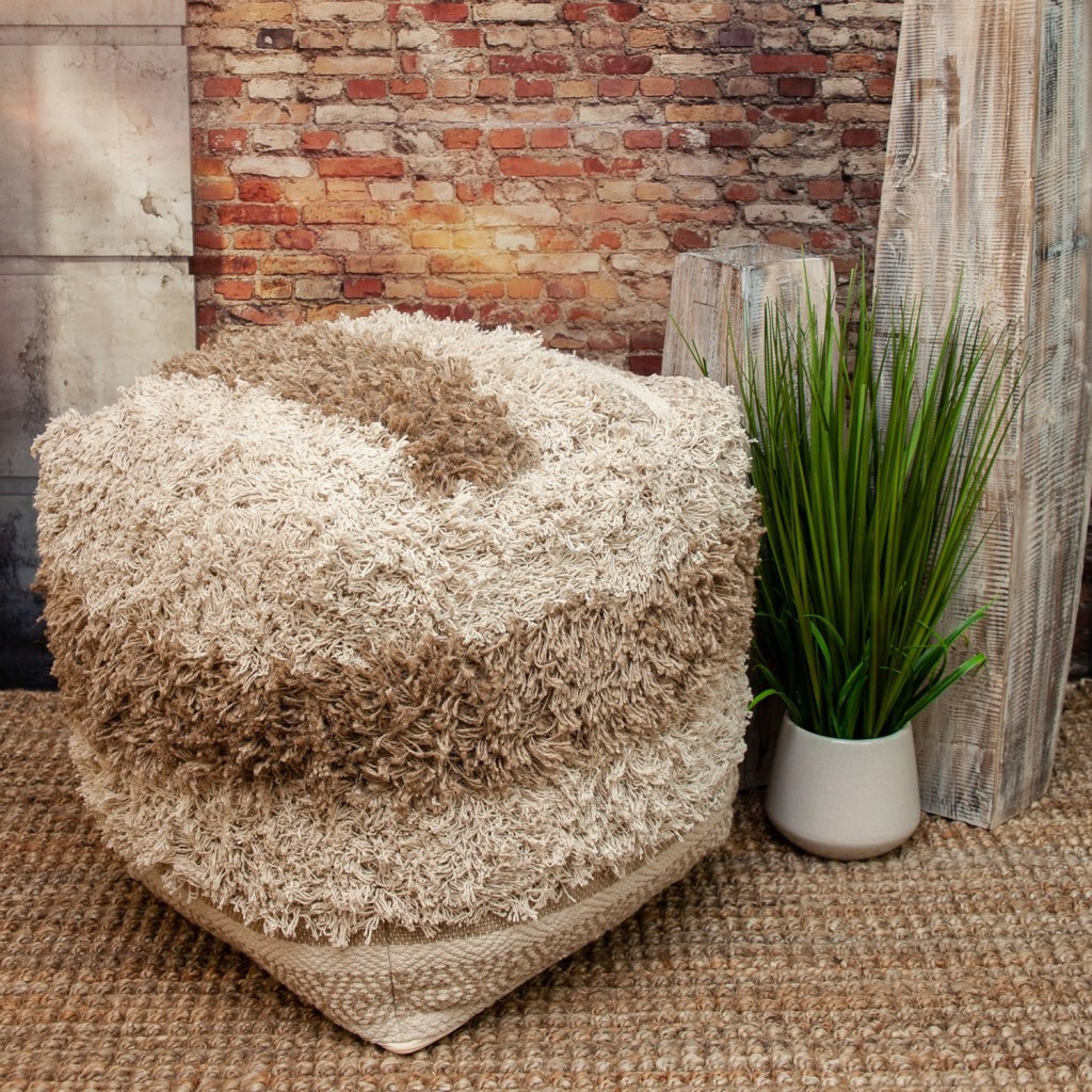 Boho Shaggy Khaki Textured Pouf