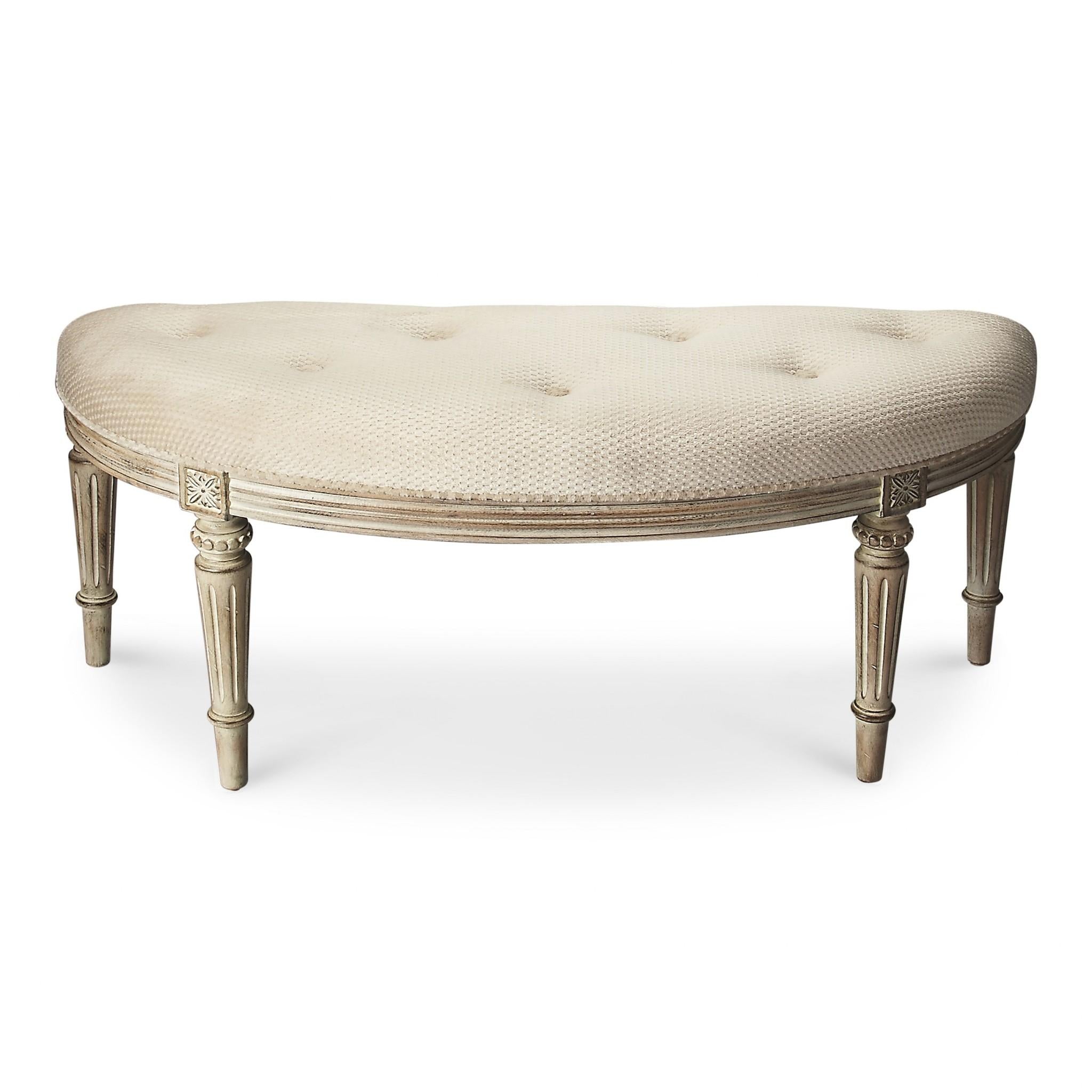 Classic Ivory and Golden White Wash Crescent Shaped Bench