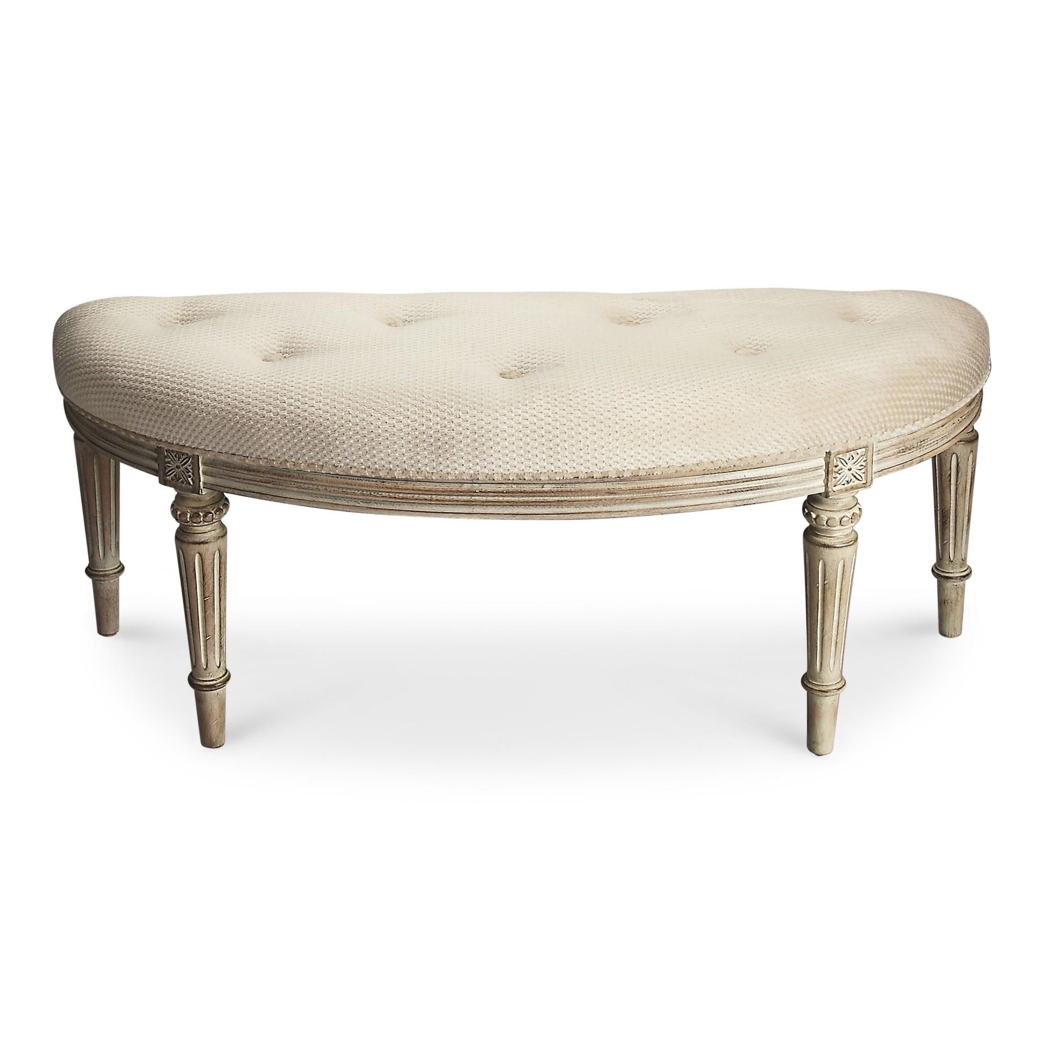 Classic Ivory and Golden White Wash Crescent Shaped Bench