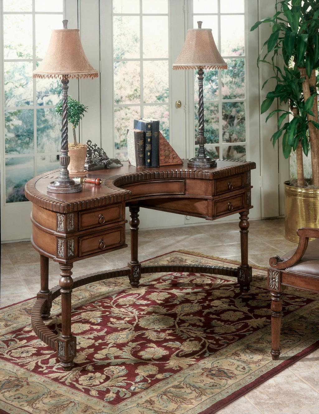 Hand Carved Leather Top Crescent Shape Desk