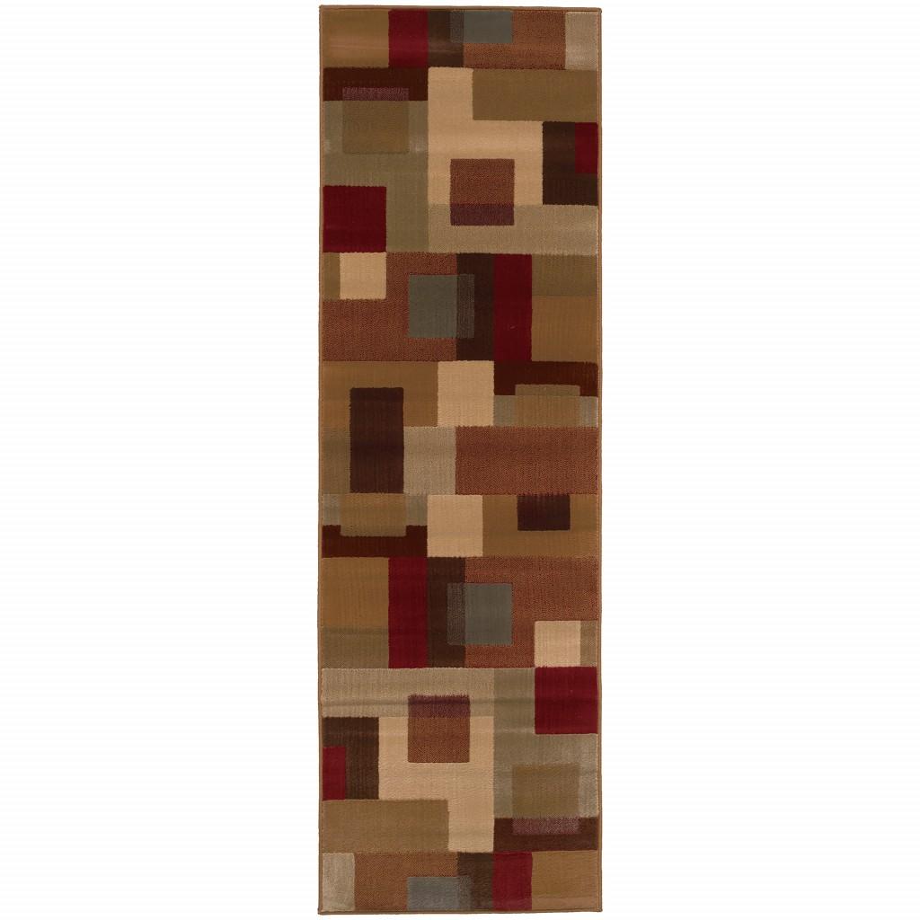 3'x8' Red and Tan Geometric Runner Rug