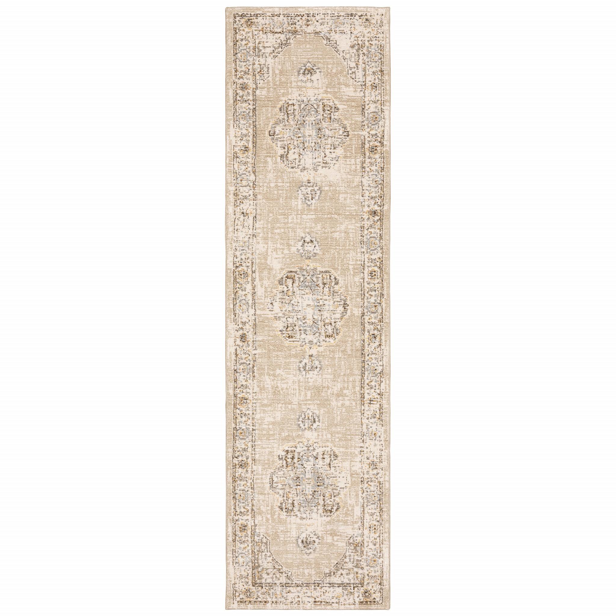 2'x8' Beige and Ivory Center Jewel Runner Rug