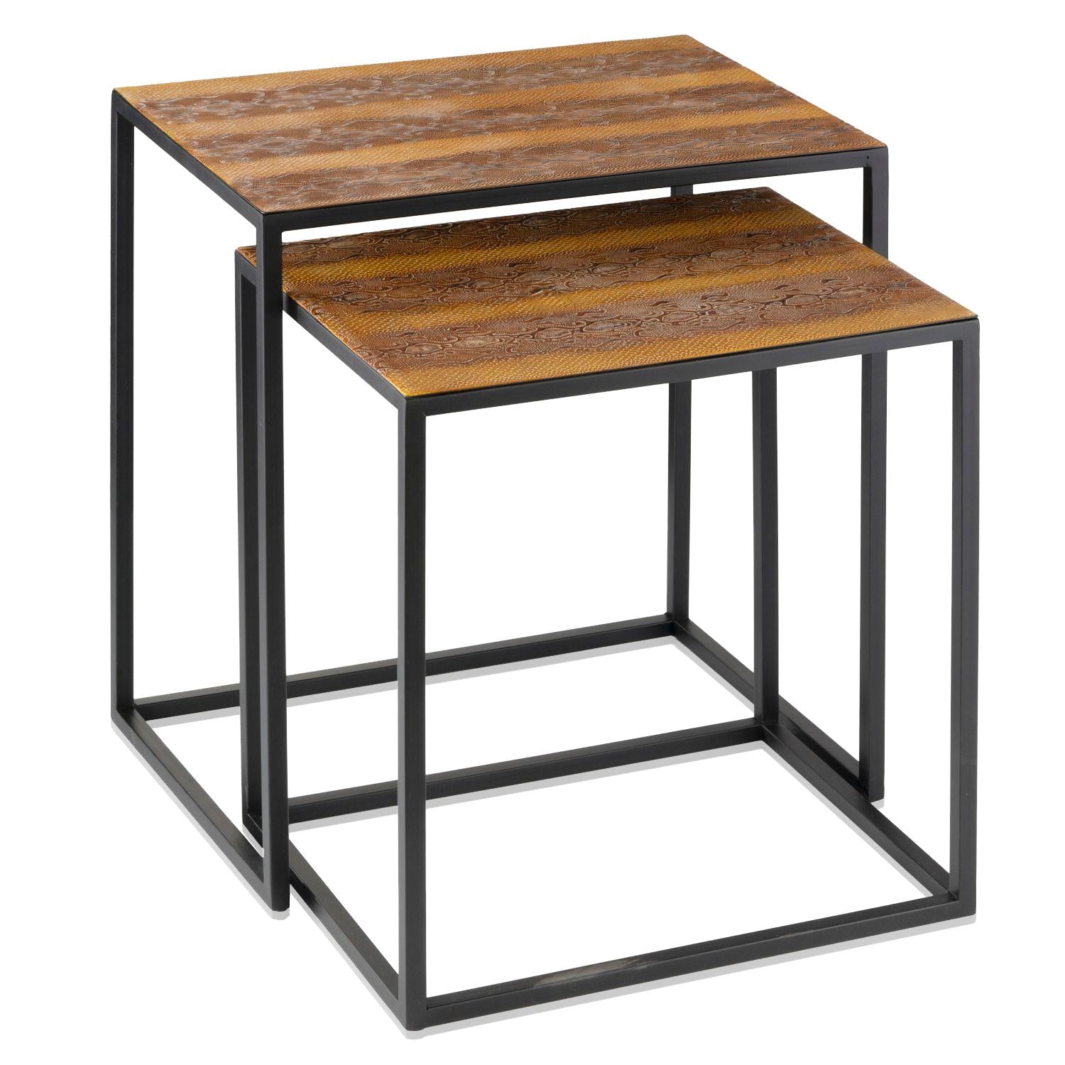 Set Of 2 Rectangular Black Powder Coated Frame and Rattlesnake Faux Leather Top Nesting End Tables