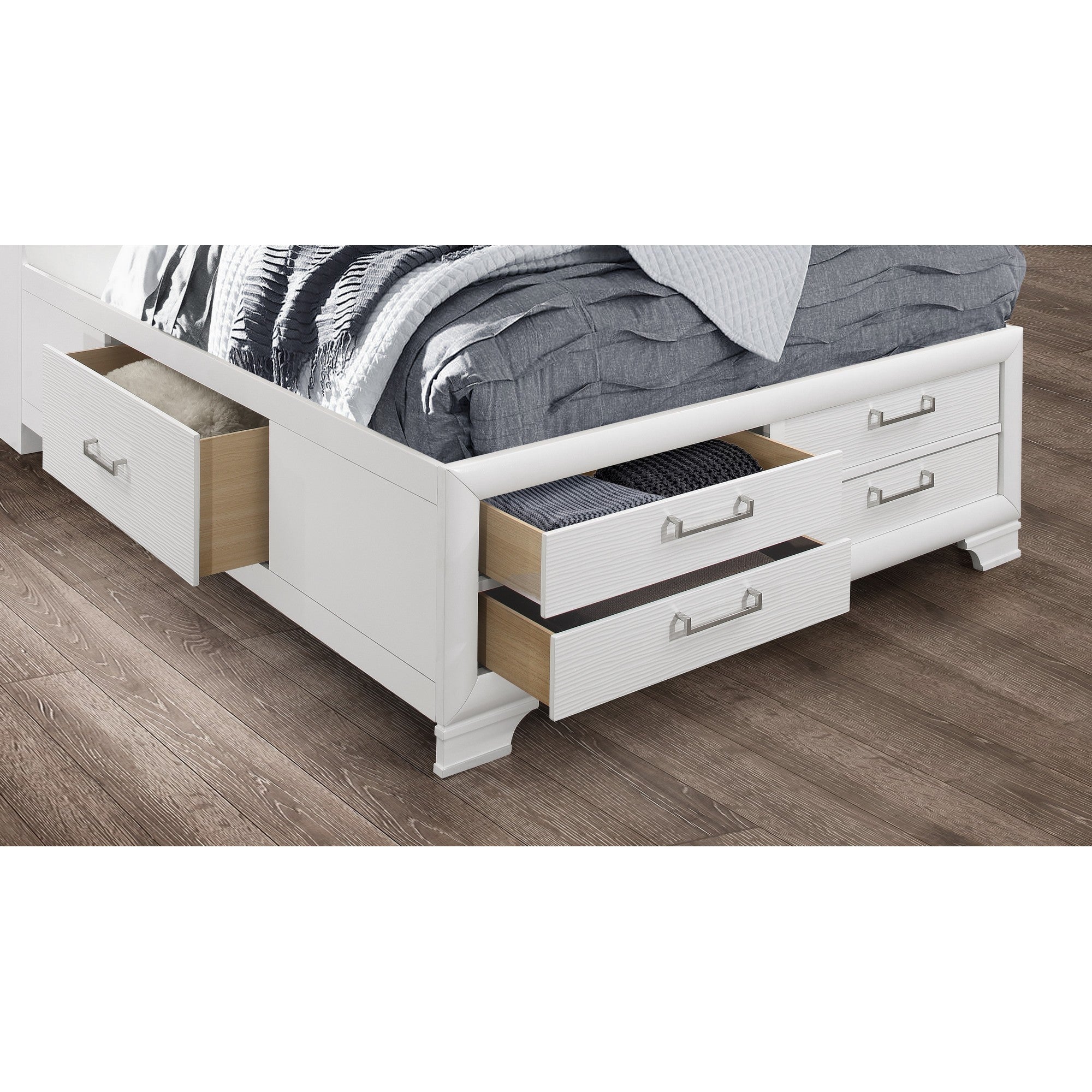 White Rubberwood Queen Bed with bookshelves Headboard  LED lightning  6 Drawers