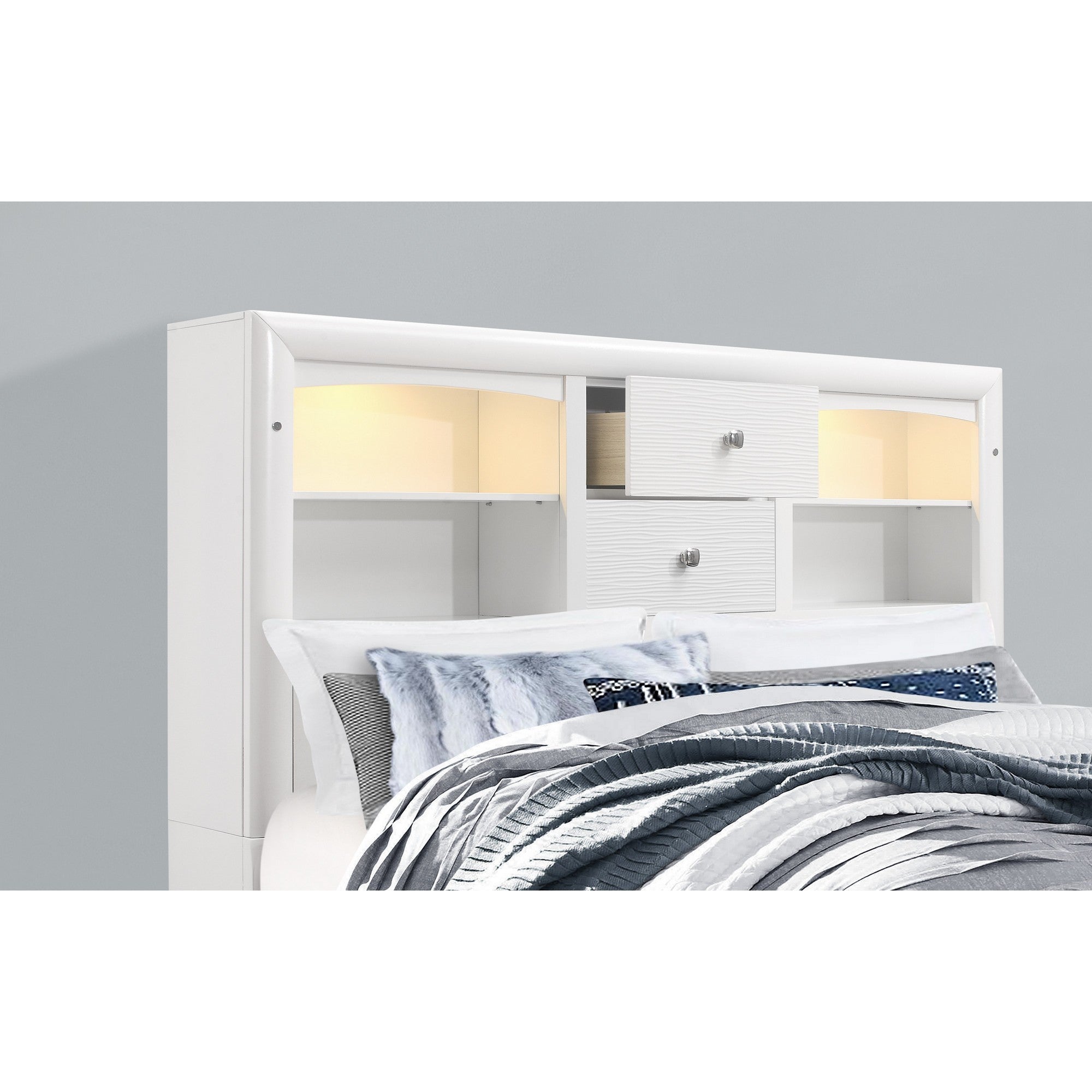 White Rubberwood King Bed with bookshelves Headboard  LED lightning  6 Drawers