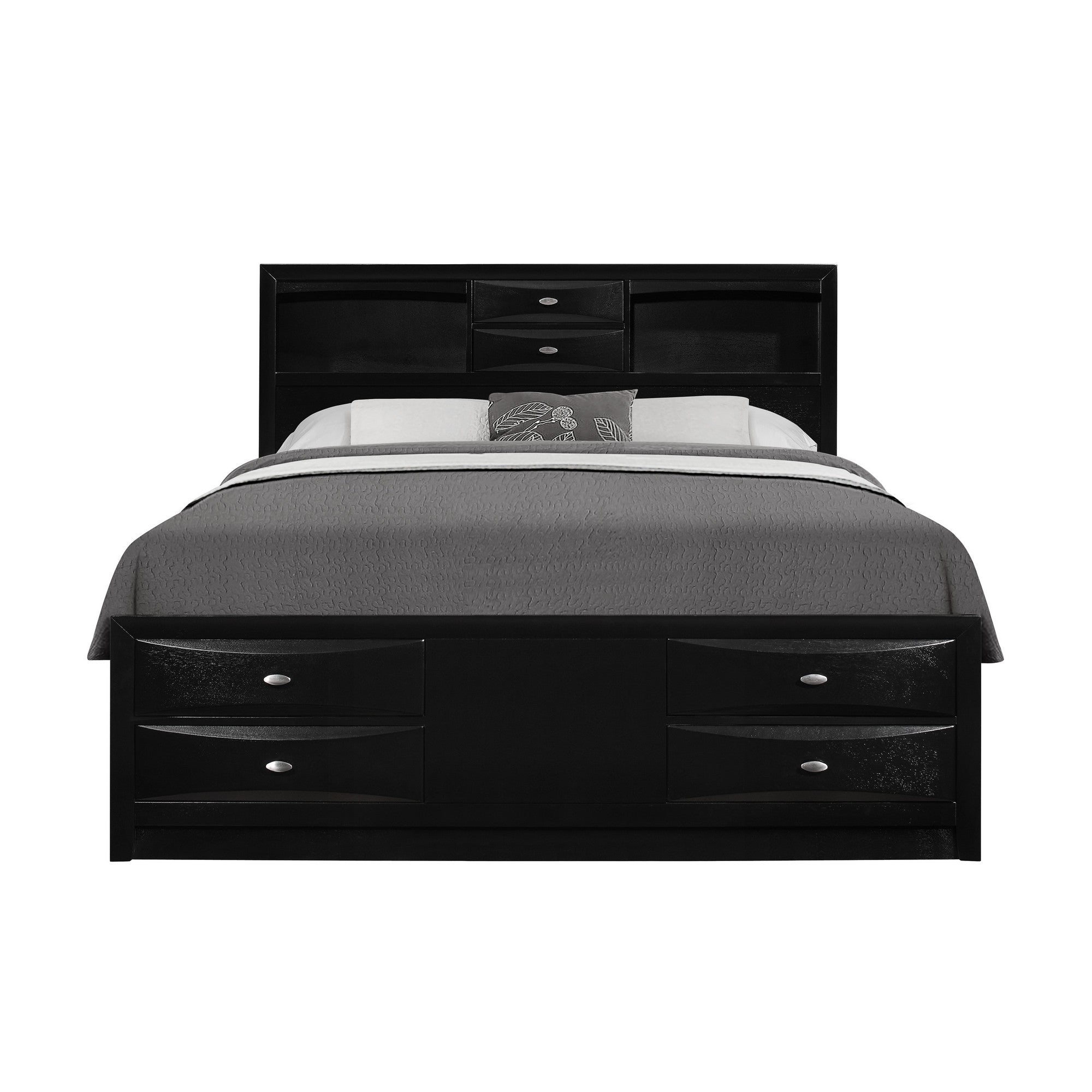 Black Veneer Full Bed with bookcase headboard  10 drawers