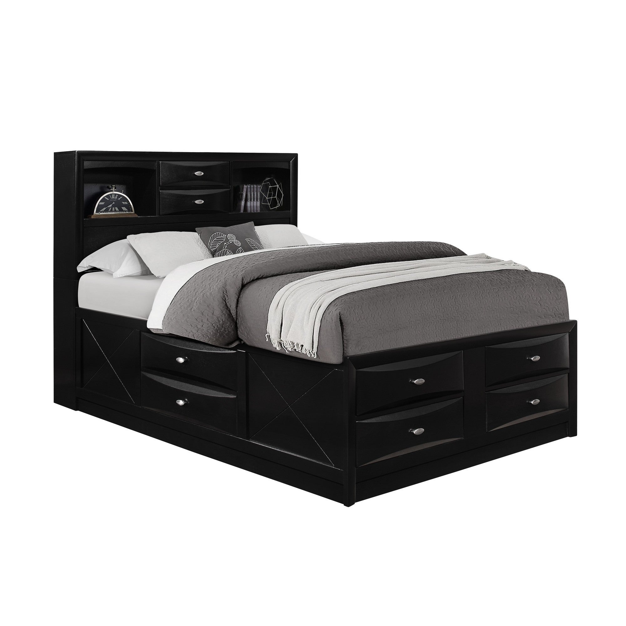 Black Veneer Full Bed with bookcase headboard  10 drawers Default Title