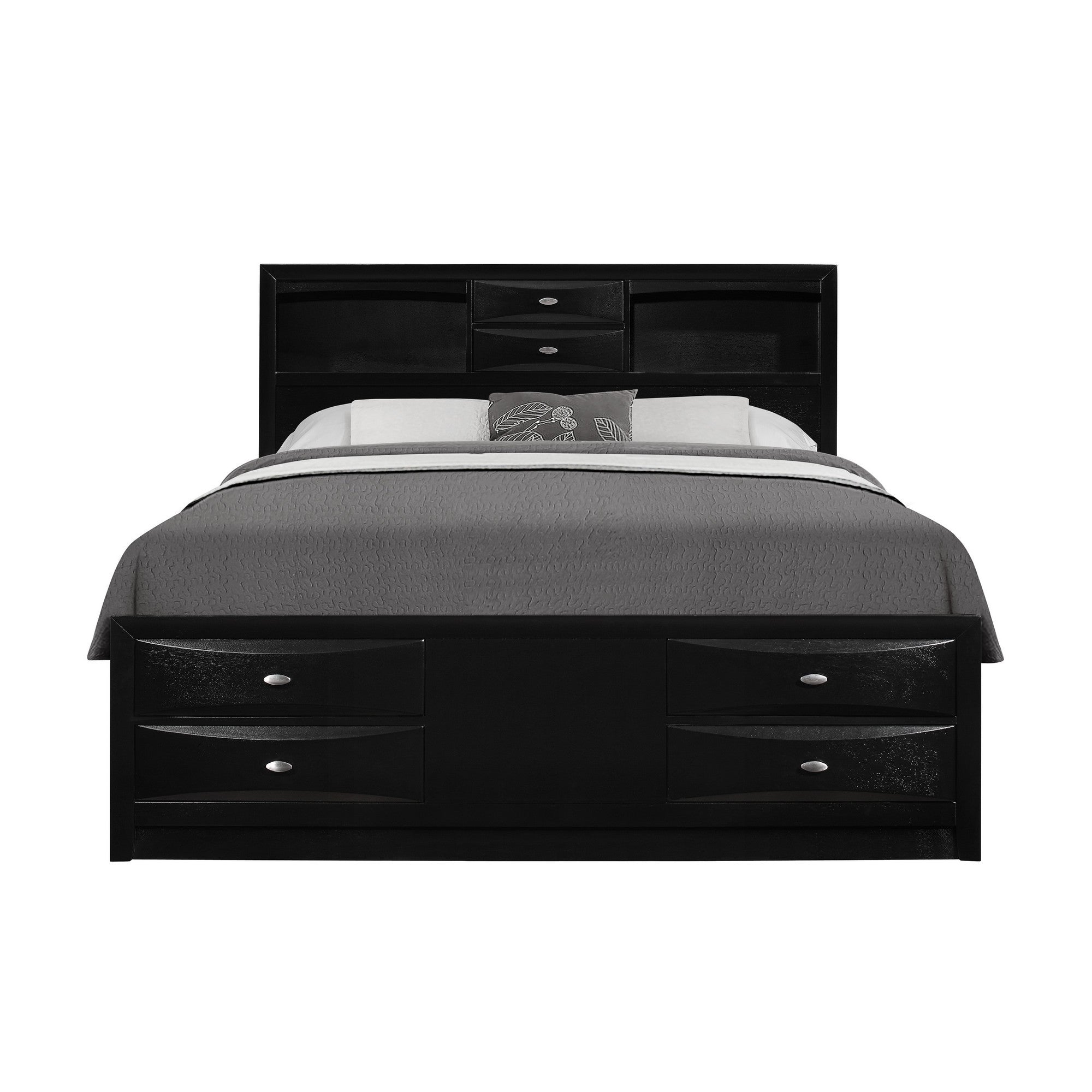 Black Veneer Queen Bed with bookcase headboard  10 drawers Default Title
