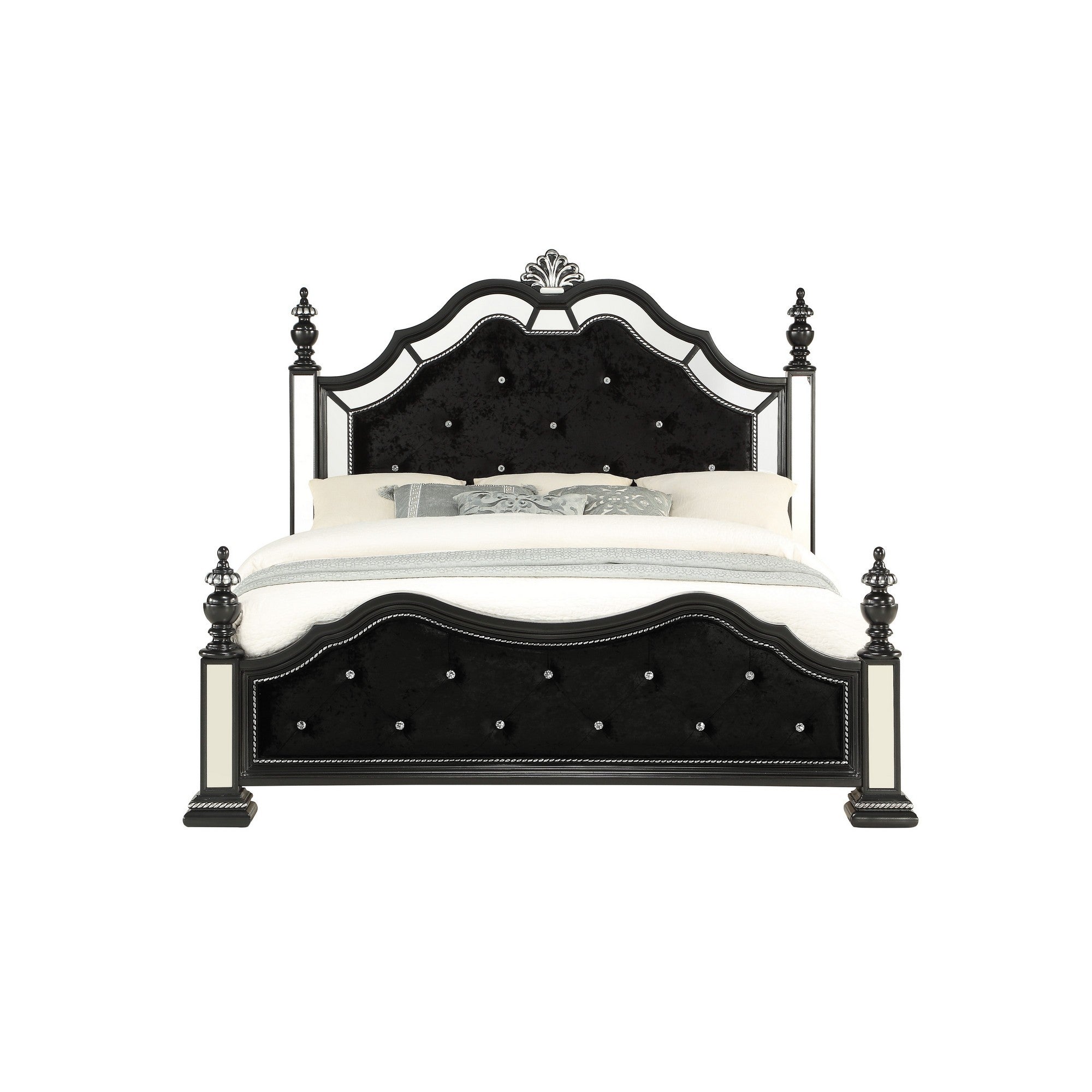 Black Felt finish Queen Bed with crystal mirrored embellished