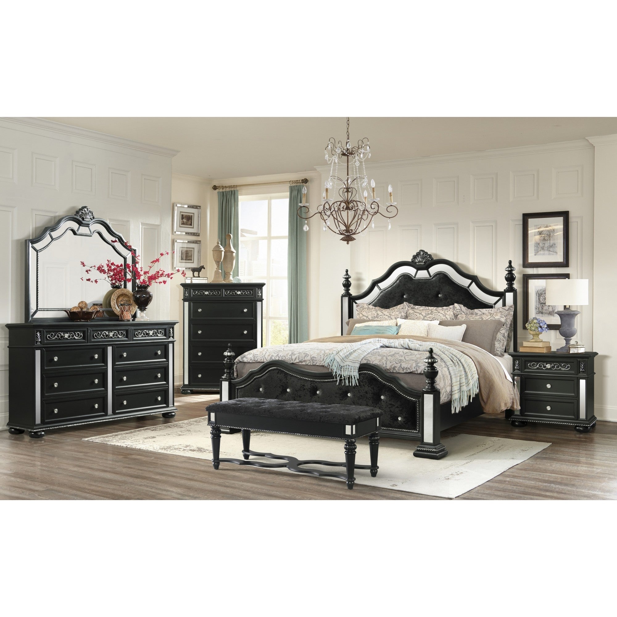 Black Felt finish Queen Bed with crystal mirrored embellished