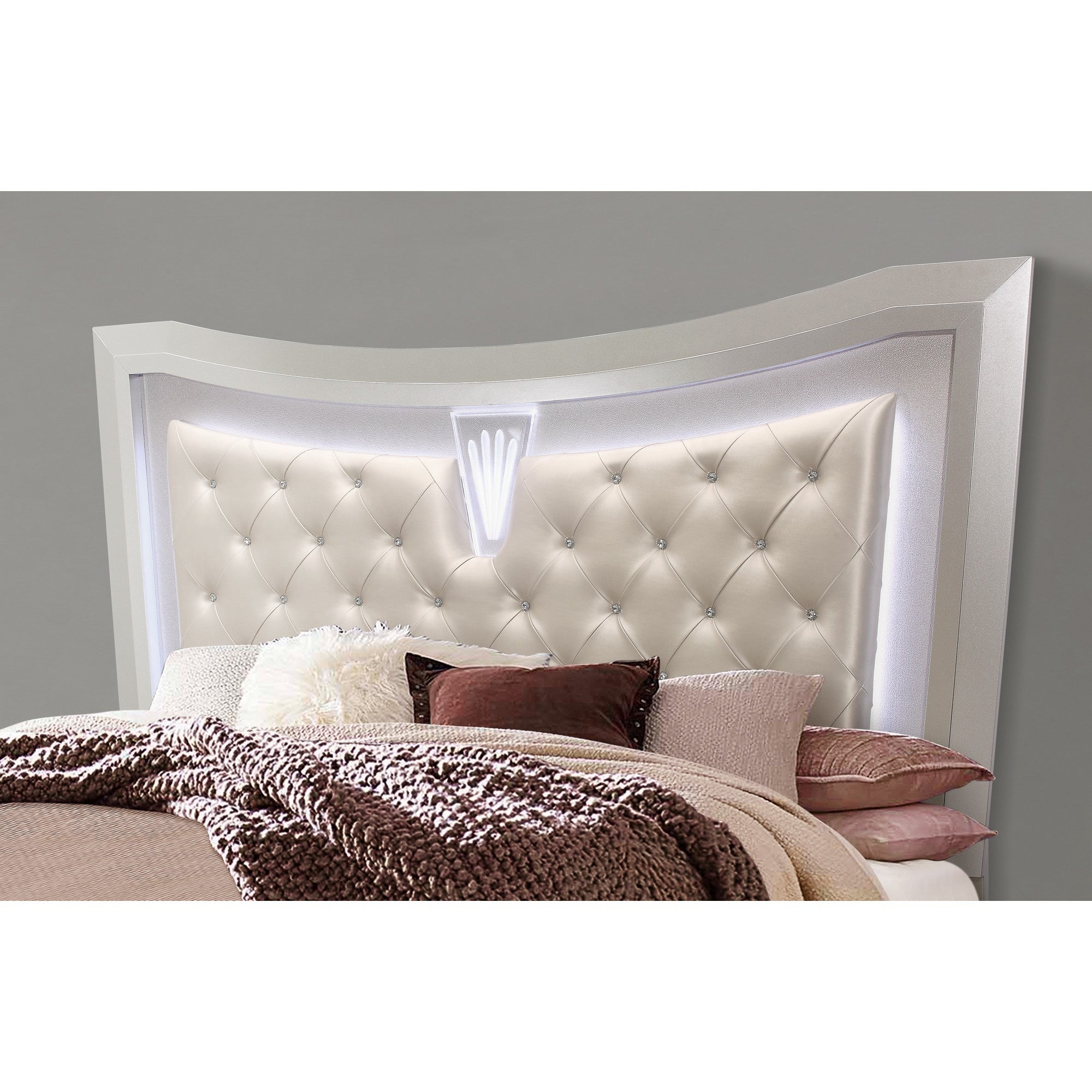 Champagne tone Queen Bed with padded headboard  LED lightning  2 drawer Default Title