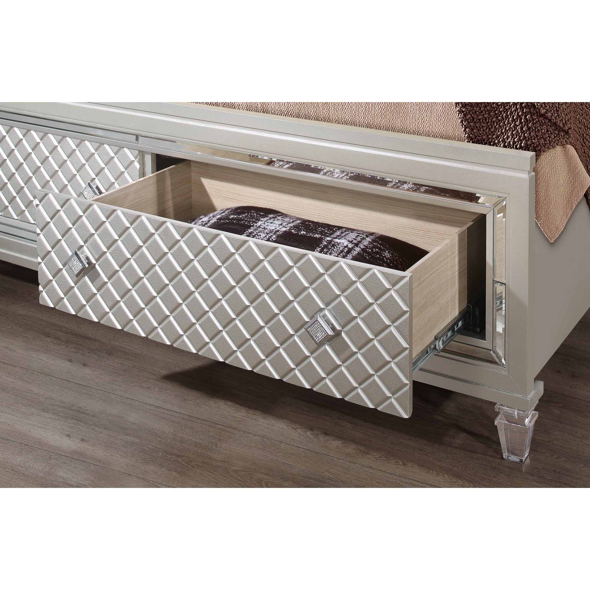 Champagne tone Queen Bed with padded headboard  LED lightning  2 drawer