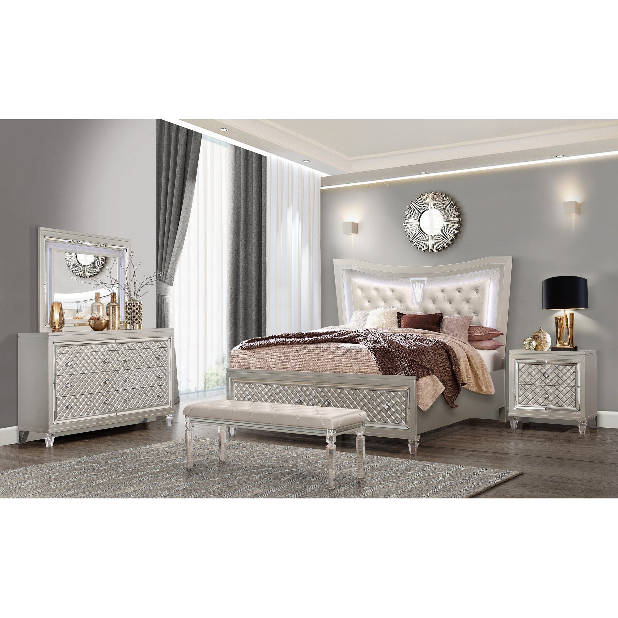 Champagne tone Queen Bed with padded headboard  LED lightning  2 drawer Default Title