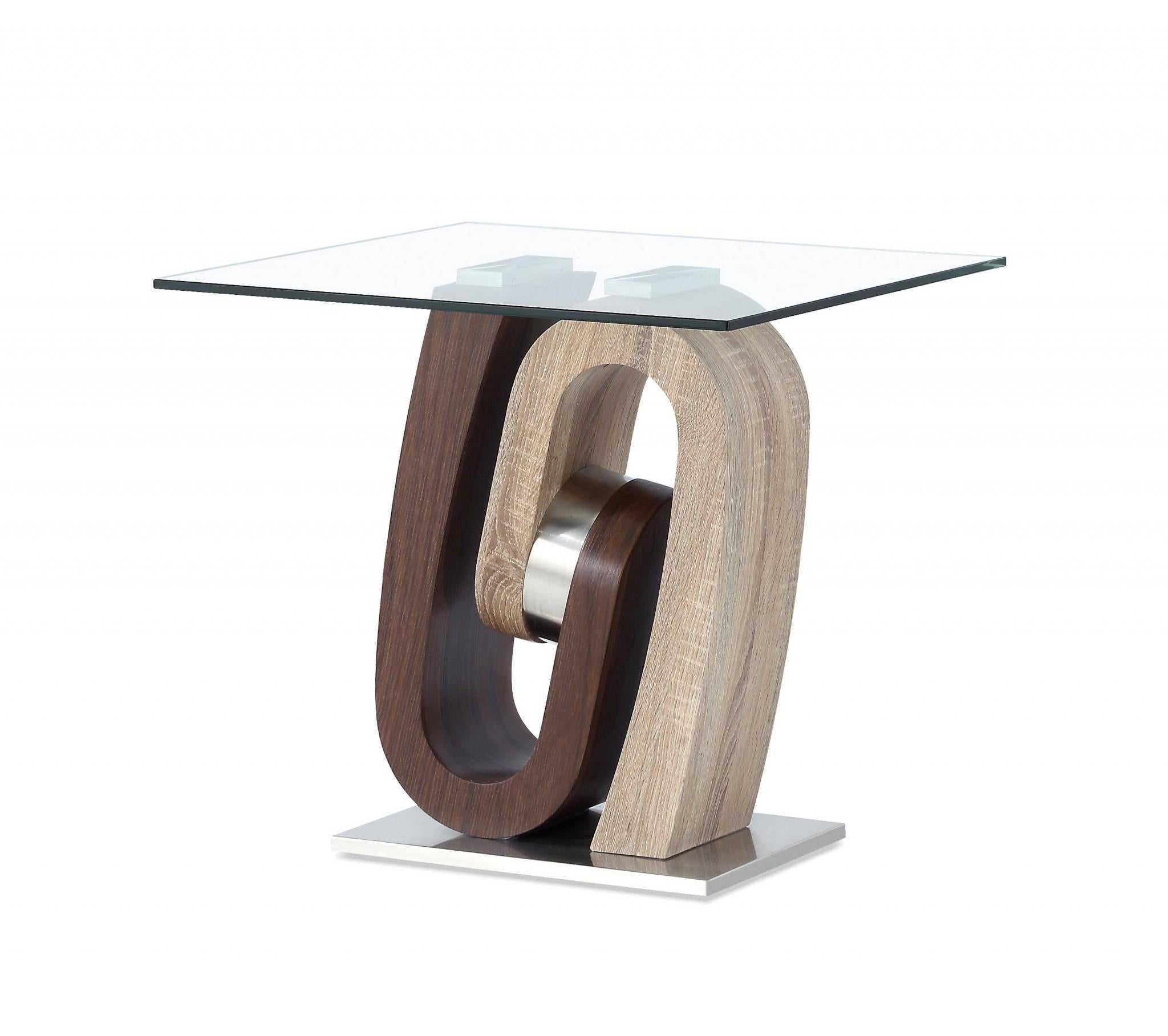 Oak and Walnut Ultra modern End Table with Glass top