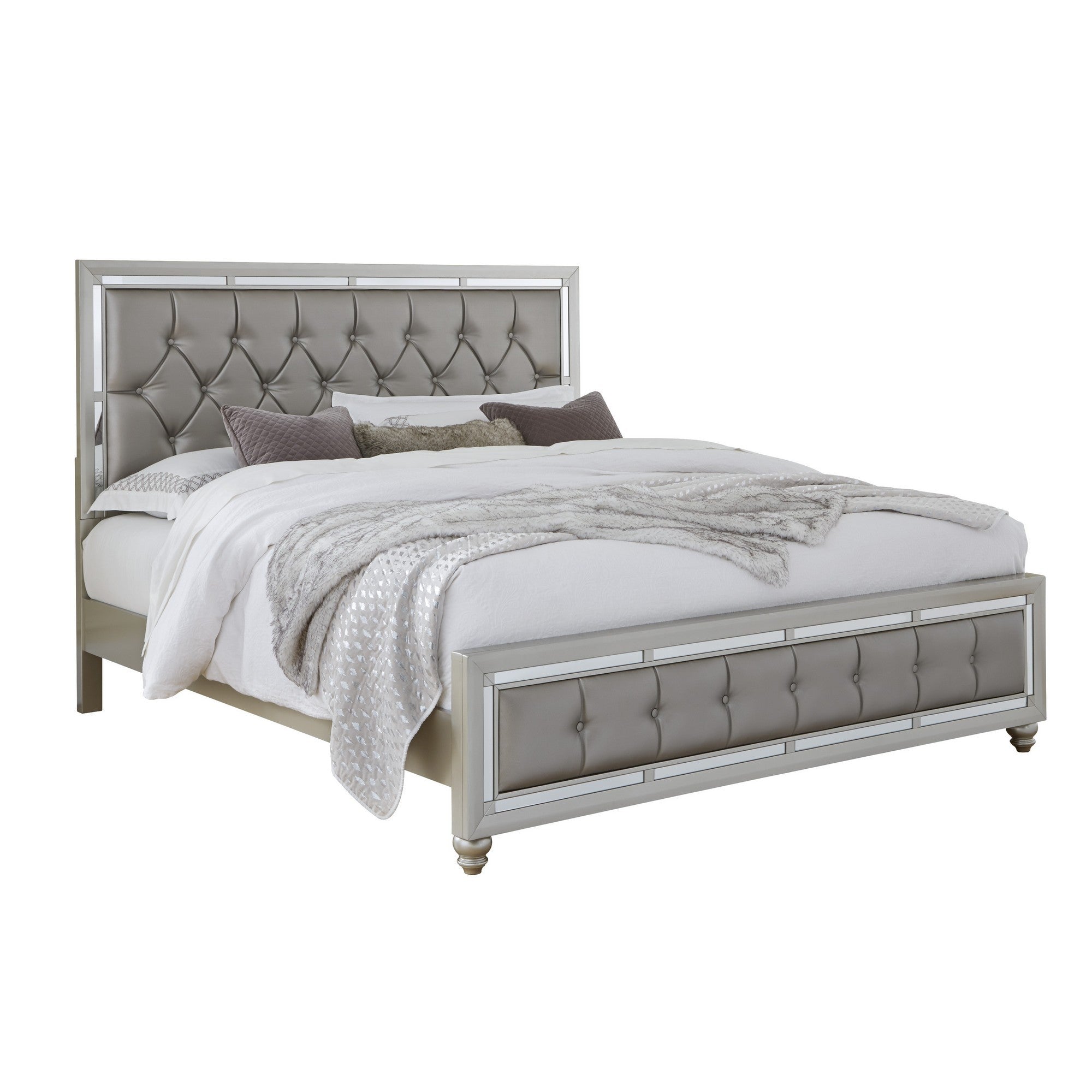 Silver Champagne Tone Full Bed  Padded Headboard  Padded Footboard  Mirror Trim Accents Default Title