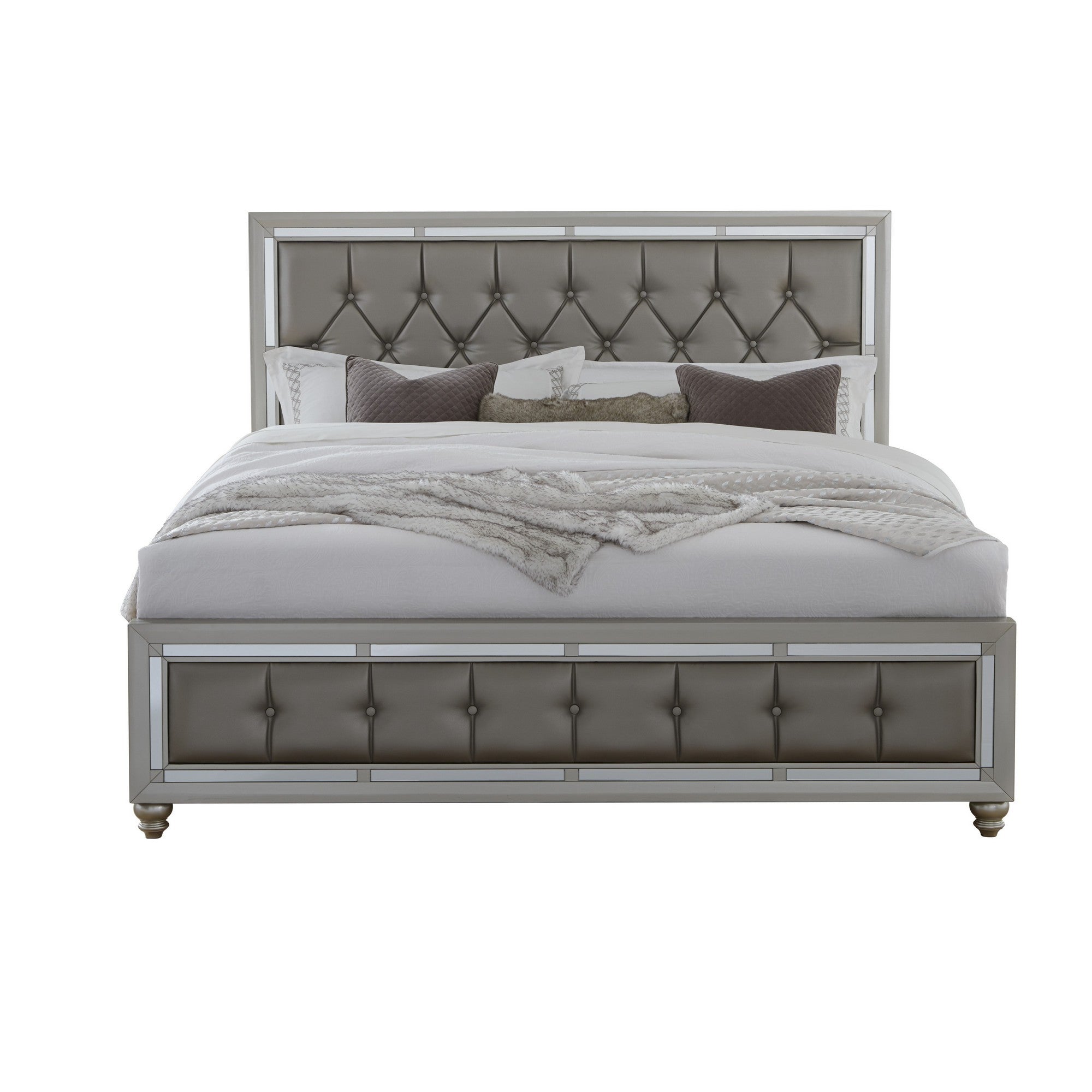 Silver Champagne Tone Queen Bed  Padded Headboard  Padded Footboard  Mirror Trim Accents Default Title