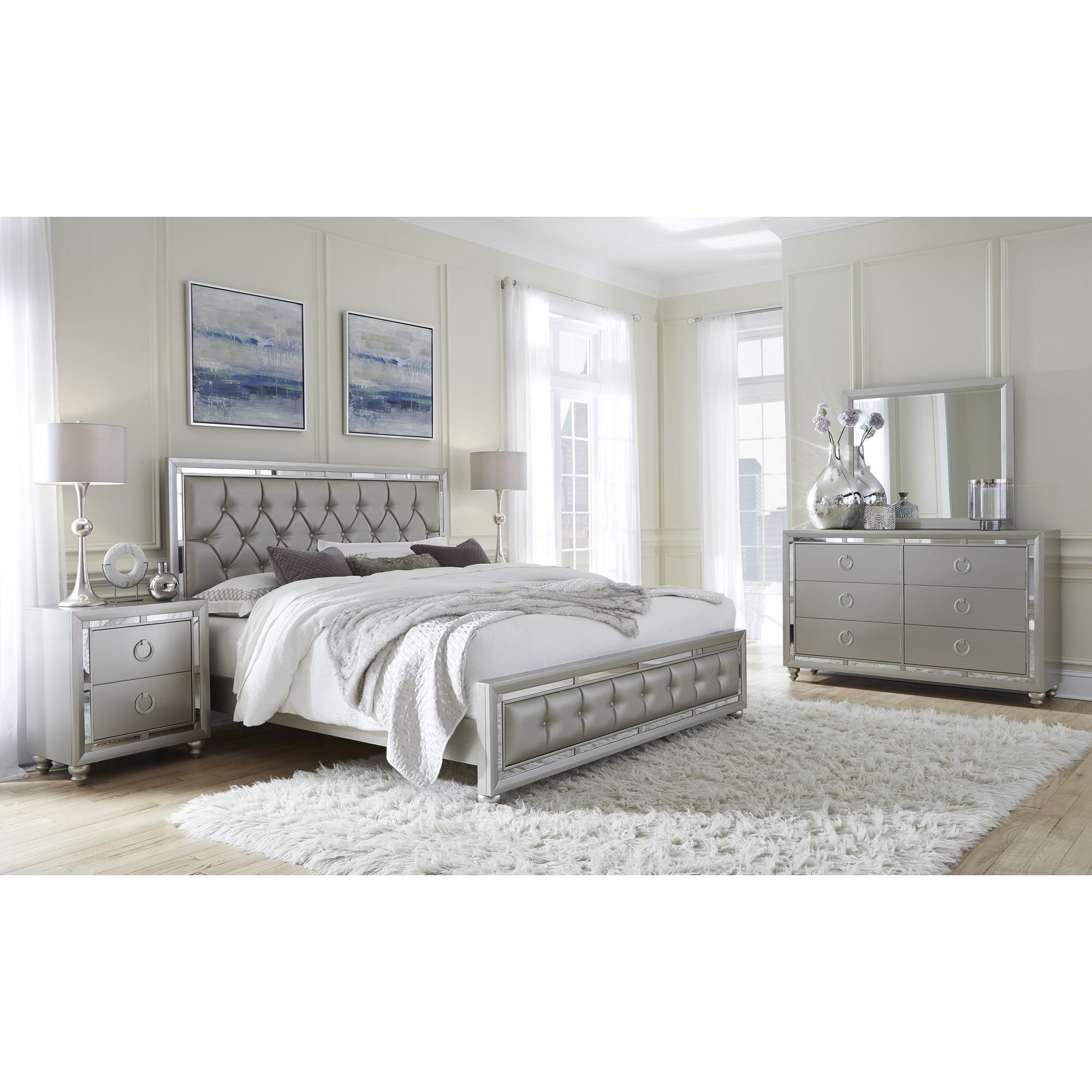 Silver Champagne Tone Queen Bed  Padded Headboard  Padded Footboard  Mirror Trim Accents Default Title