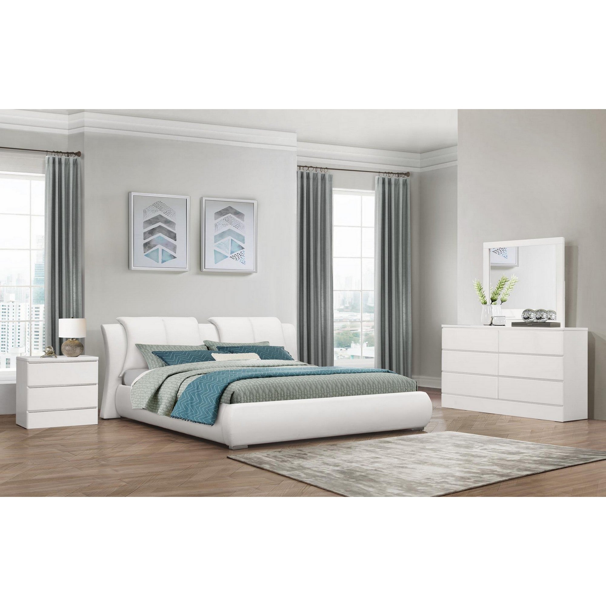 White Faux Leather King Bed in Curved Padded Headboard Default Title