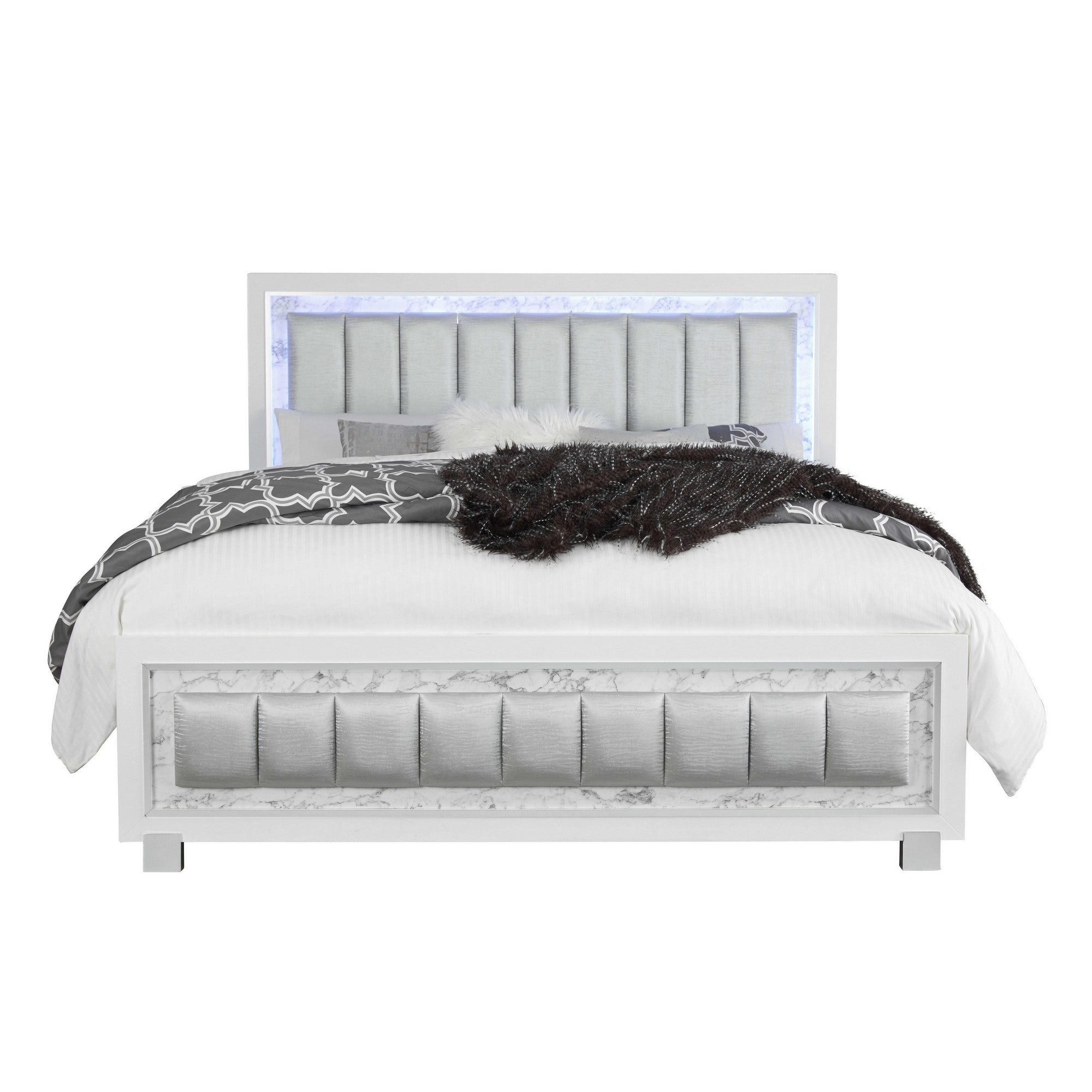 Modern Luxurious White Full Bed with Padded Headboard  LED Lightning Default Title