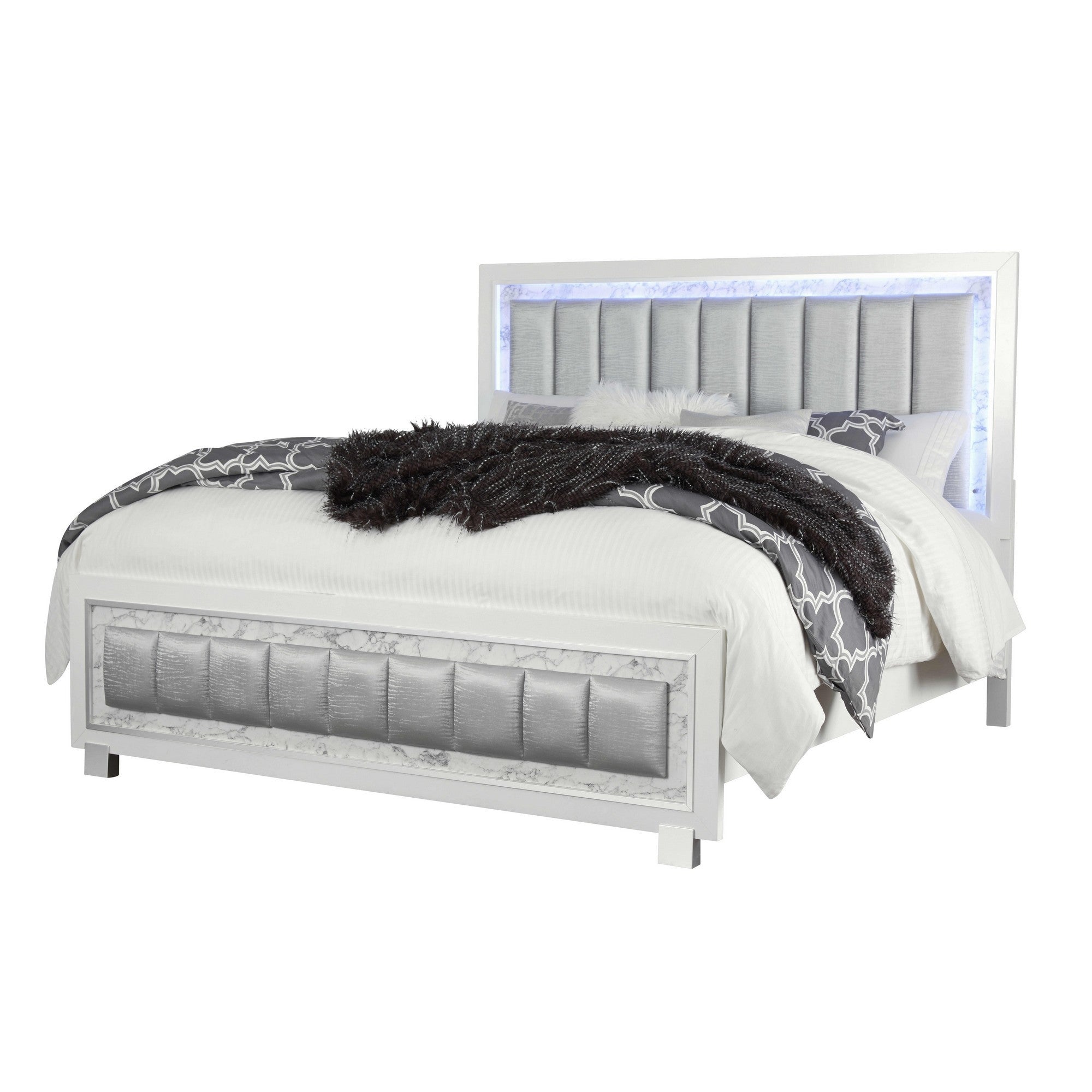 Modern Luxurious White Full Bed with Padded Headboard  LED Lightning Default Title