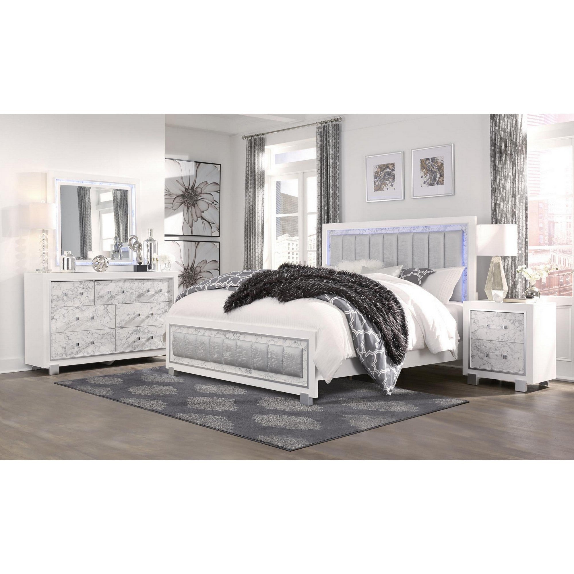 Modern Luxurious White Queen Bed with Padded Headboard  LED Lightning Default Title