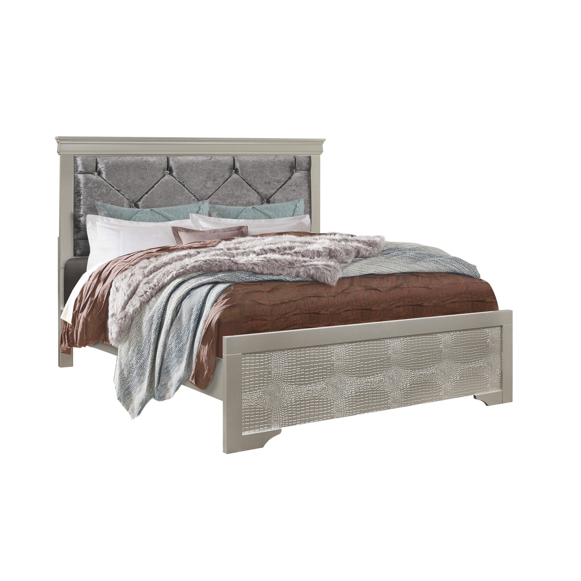 Silver Tone Rubberwood Queen Bed with Clean Line Headboard and Footboard